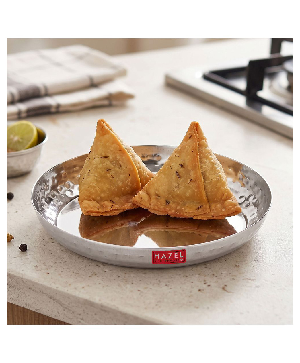 HAZEL Stainless Steel Snack Plate 15.5 cm | Side Hammered Finish Round Steel Thali Nasta Plate for Daily Use Home, Office & Restaurant-image-44