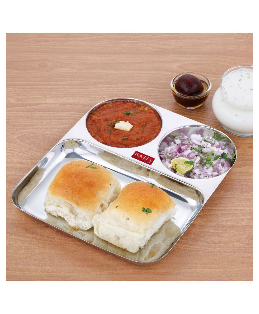 HAZEL Stainless Steel 3 Compartment Plate | Section Thali for Kids & Adults | Rimless Divided Mess Tray for Meals & Portion Control-image-34