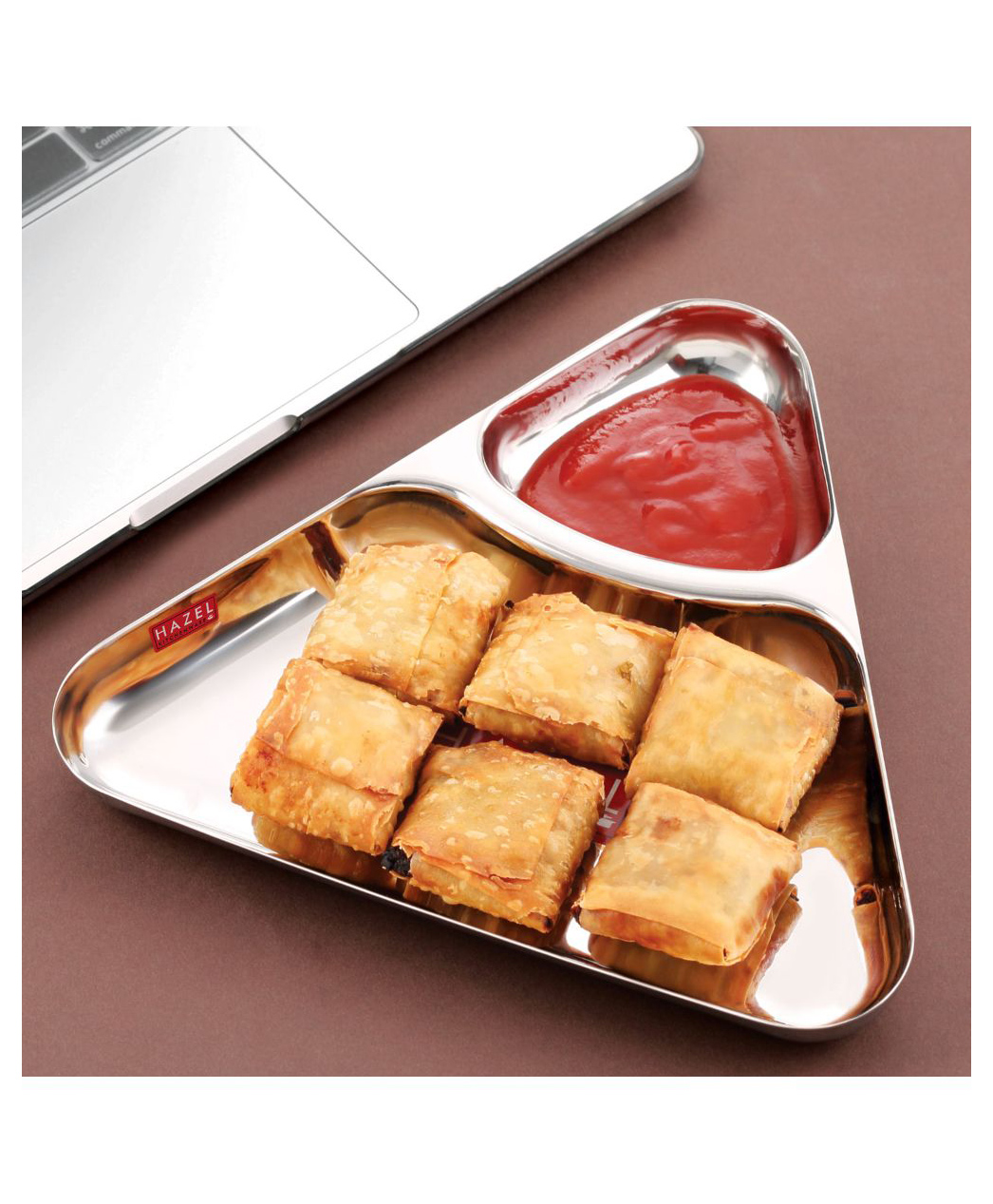 HAZEL Stainless Steel 2 Section Triangle Plate | Divided Snack & Meal Tray | Rimless Partition Thali for Kids & Daily Use-picture-6