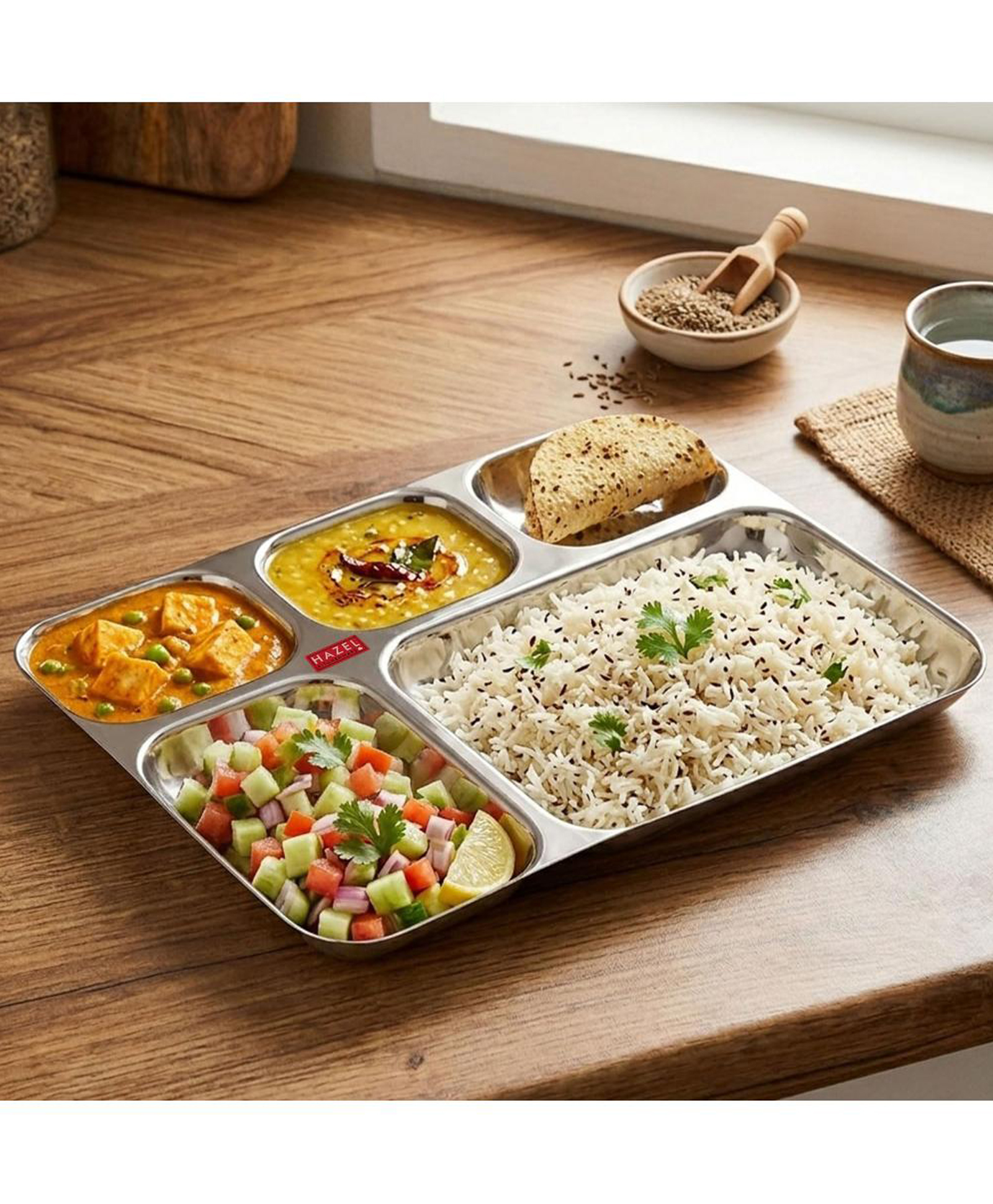 HAZEL Stainless Steel 5 Compartment Section Plate | Divided Meal Tray for Kids & Adults | All-in-One Thali for Lunch, Dinner & Serving-image-43