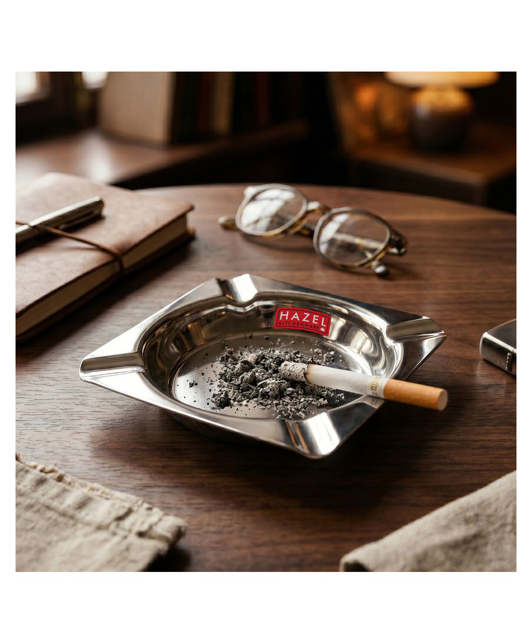 HAZEL Square Stainless Steel Ash Tray | Heavy Duty Smoke Ashtray with 4 Cigarette Holders | Compact 10.7 cm Metal Ashtray for Home, Office & Outdoor Use-image-3