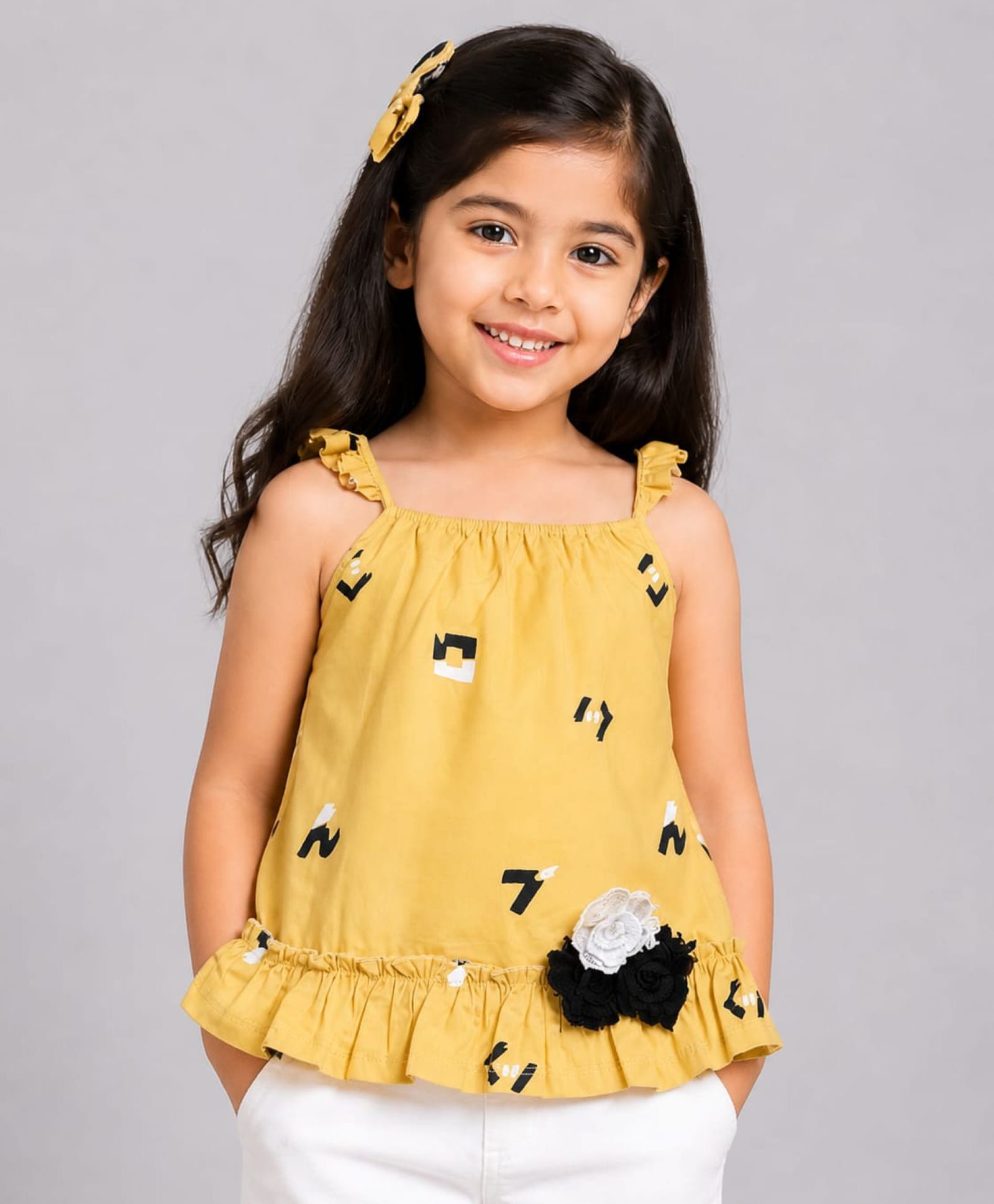 Nino Togs Cotton Woven Sleeveless Abstract Printed & Floral Applique Detailed Top - Mustard-picture-23