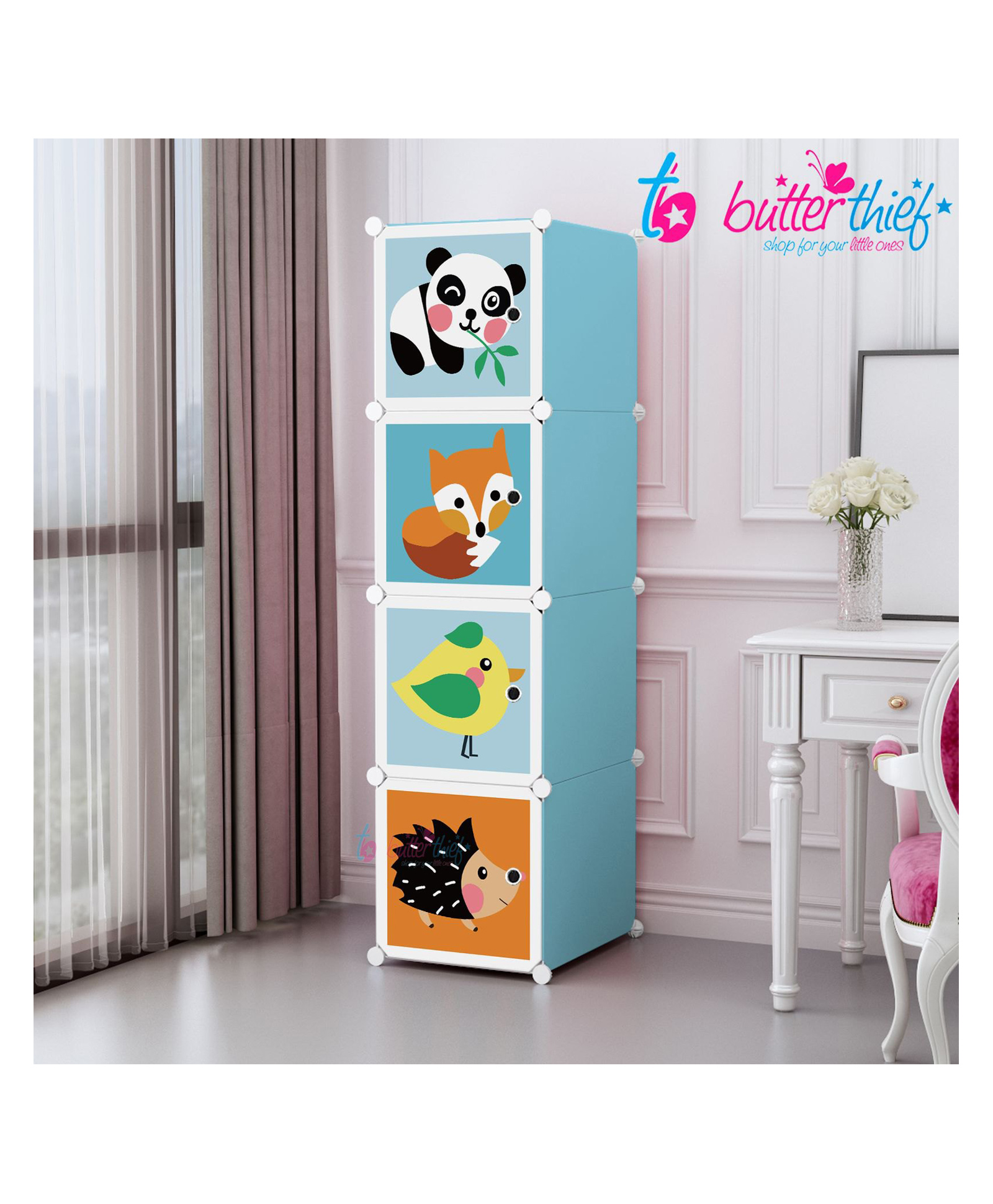 Butterthief Cartoon Printed Collapsible Wardrobe 4 Cubes Storage Organiser Closest with Anti Skid Base - Blue-image-11