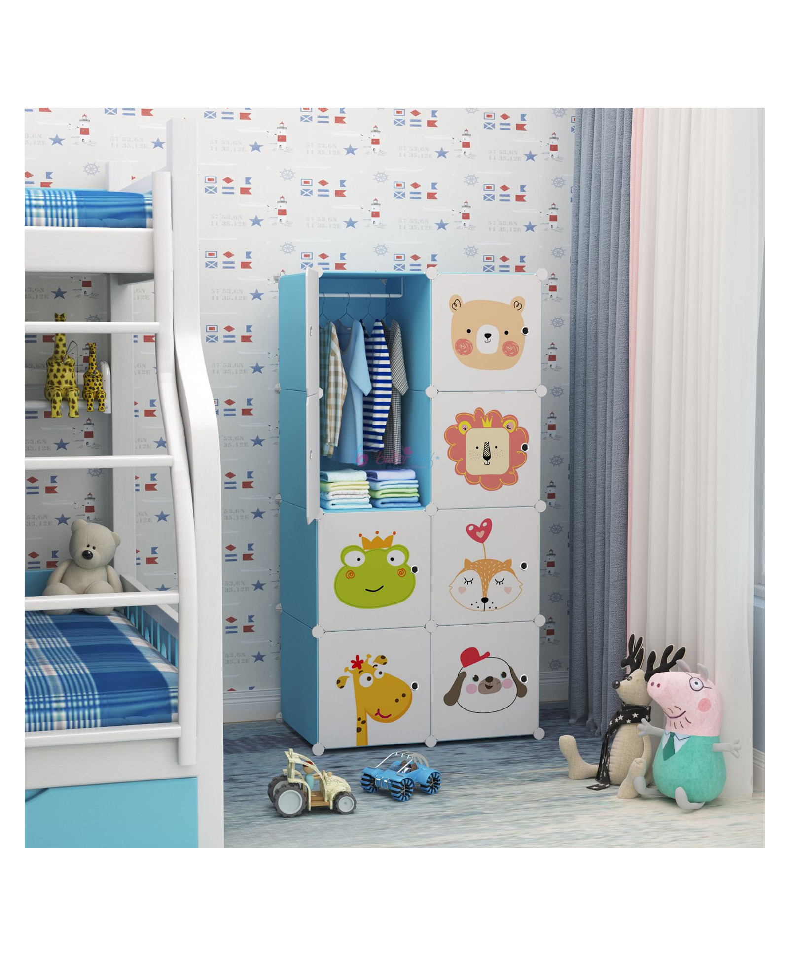 Butterthief Cartoon Printed Collapsible Wardrobe 8 Cubes Storage Organiser Closest with Anti-Skid Base - Light Blue-picture-16