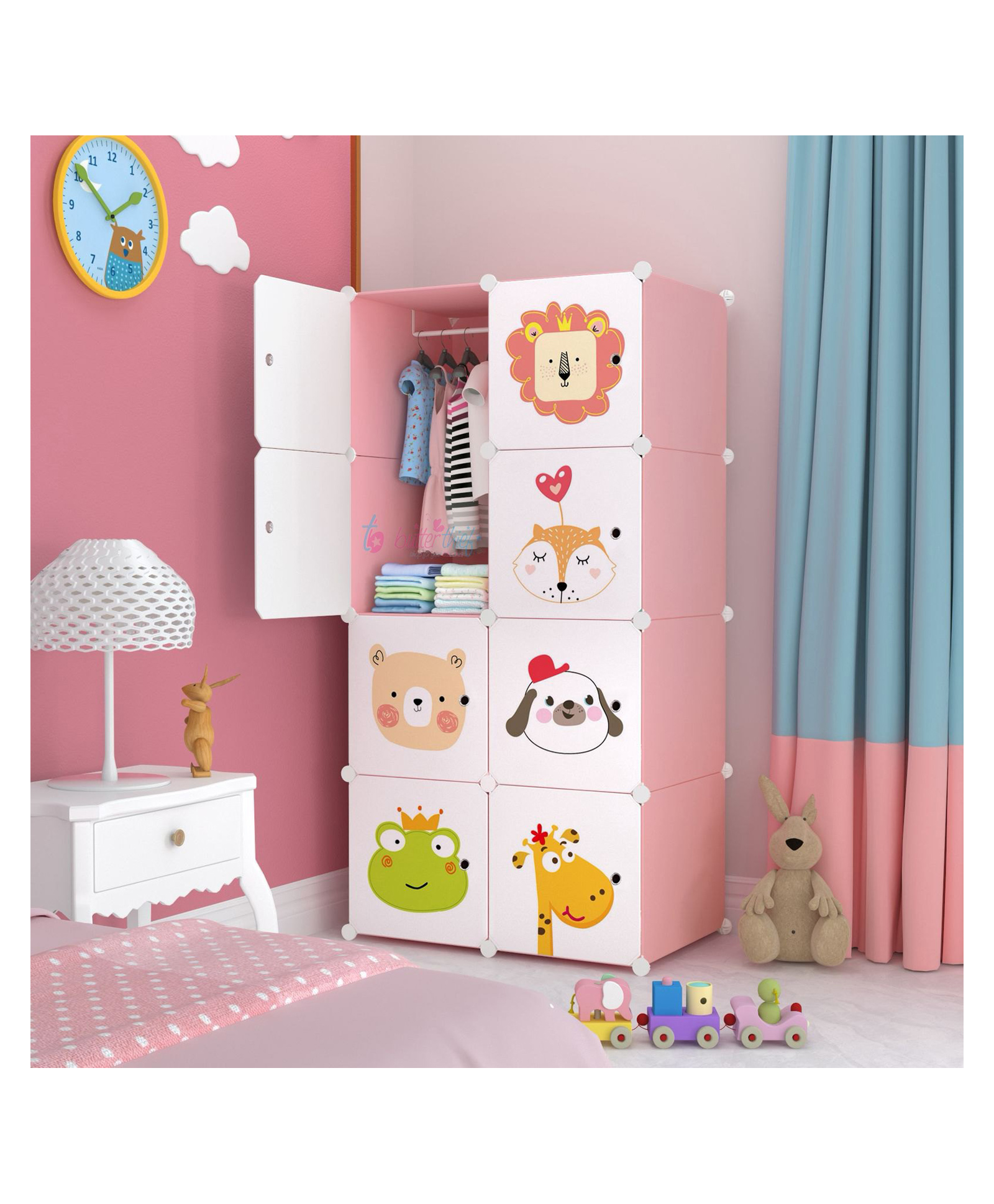 Butterthief Cartoon Printed Collapsible Wardrobe 8 Cubes Storage Organiser Closest with Anti Skid Base - Dark Pink-picture-21