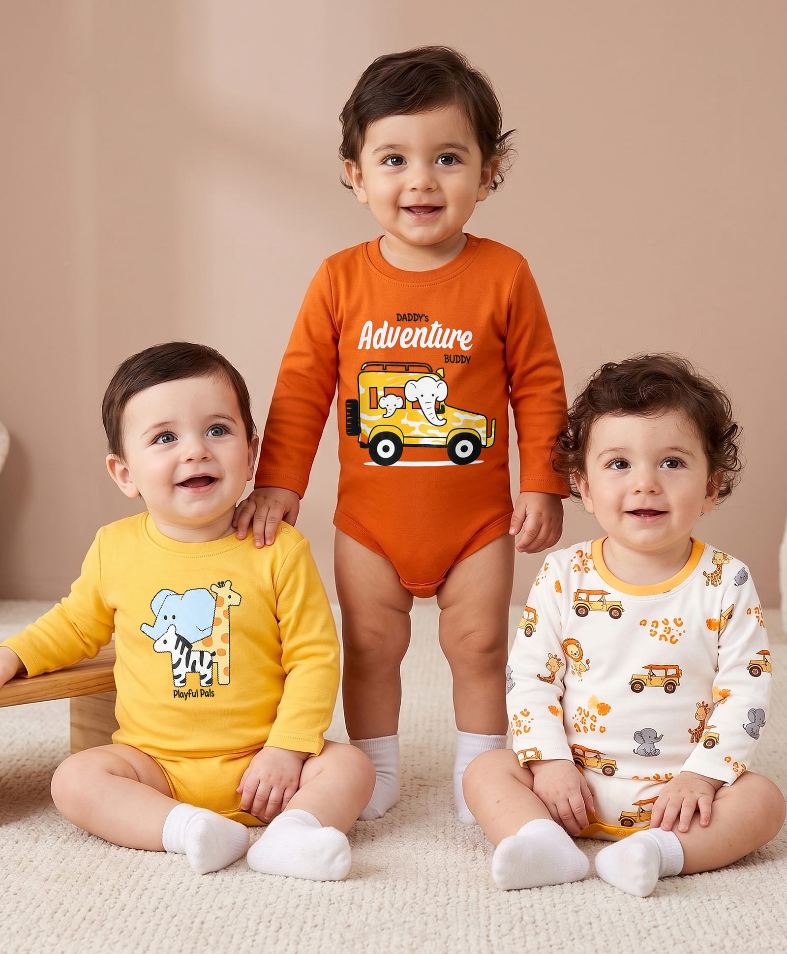 Babyoye Male 100% Cotton Interlock Knit 40's with Ecojiva Finish Full Sleeves Onesies With Animal & Vehicle Print Pack of 3 - Yellow, Brown & White-picture-40