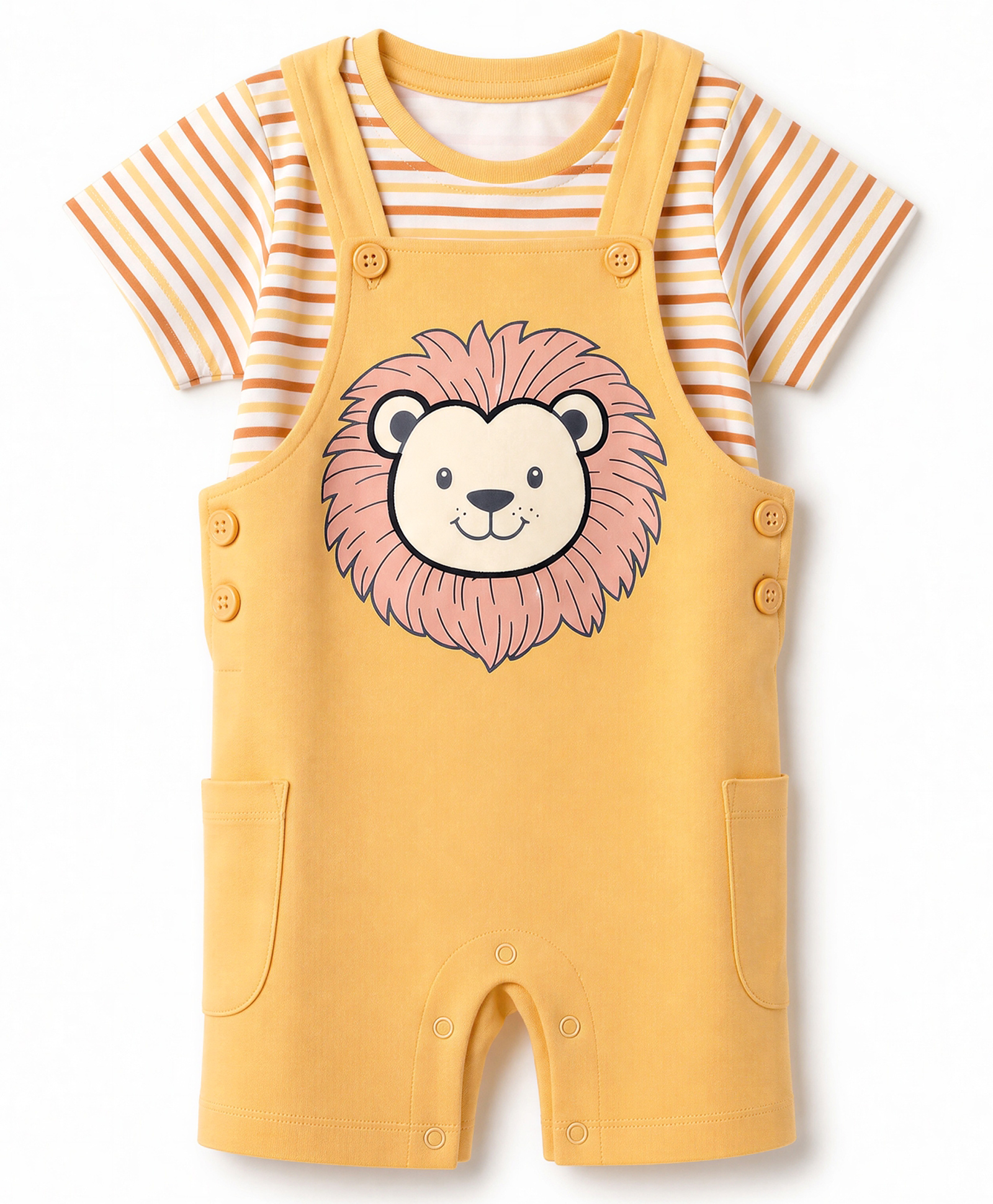 Babyoye 100% Cotton 40's Interlock Knit With Ecojiva Finish Half Sleeves Tiger Printed Dungaree With Striped Inner Tee - Mustard-image-28