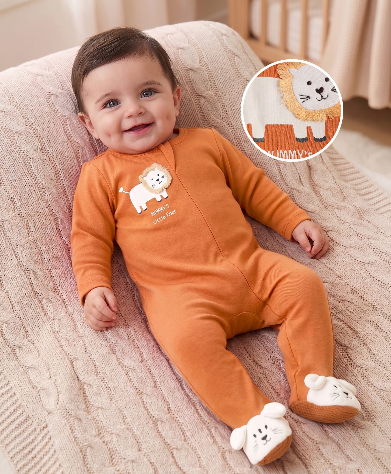 Babyoye 100% Cotton Interlock Knit Full Sleeves Lion Printed Sleep Suit with Ecojiva Finish - Rust Orange-image-47