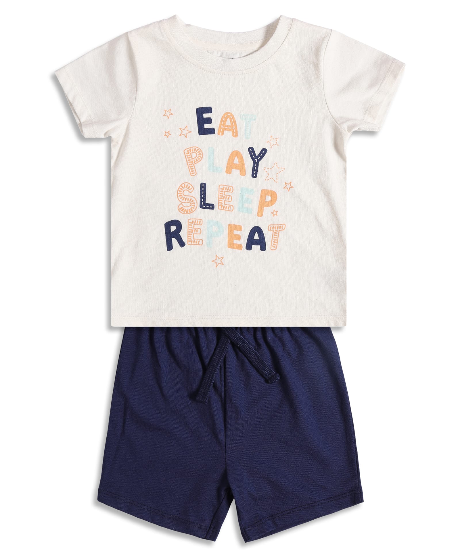 MINI KLUB Cotton Knit Half Sleeves Eat Play Sleep Repeat Text Printed Tee & Shorts Night Suit - White & Blue-picture-26