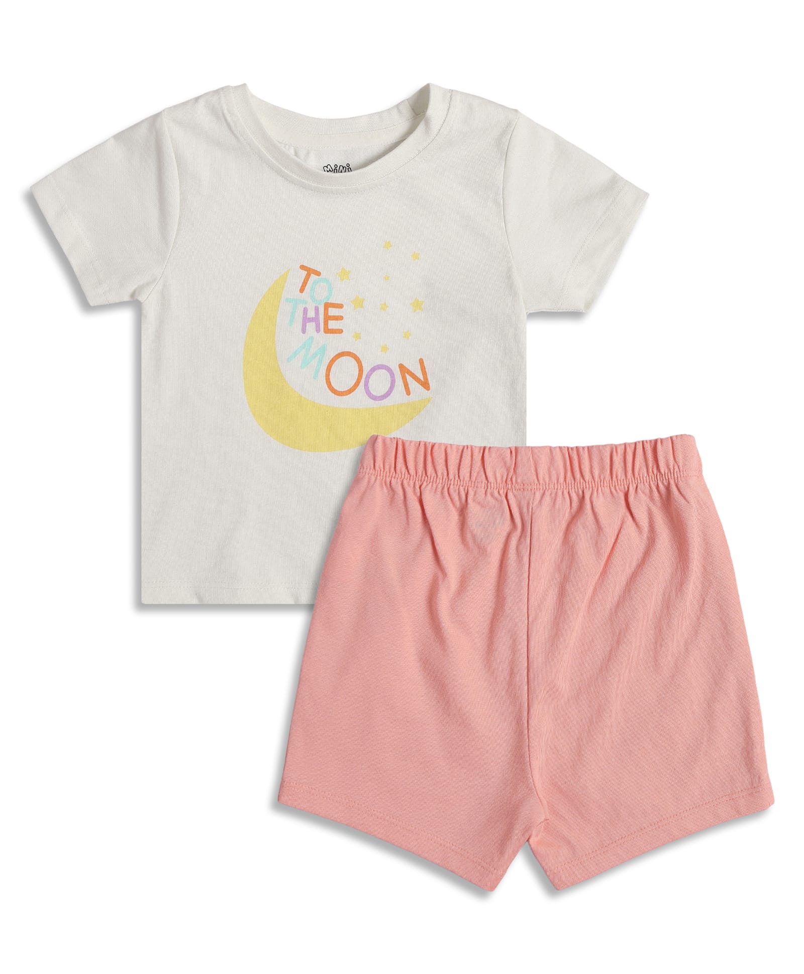 MINI KLUB Cotton Knit Half Sleeves To The Moon Text Printed Tee & Shorts Night Suit - White & Pink-image-20