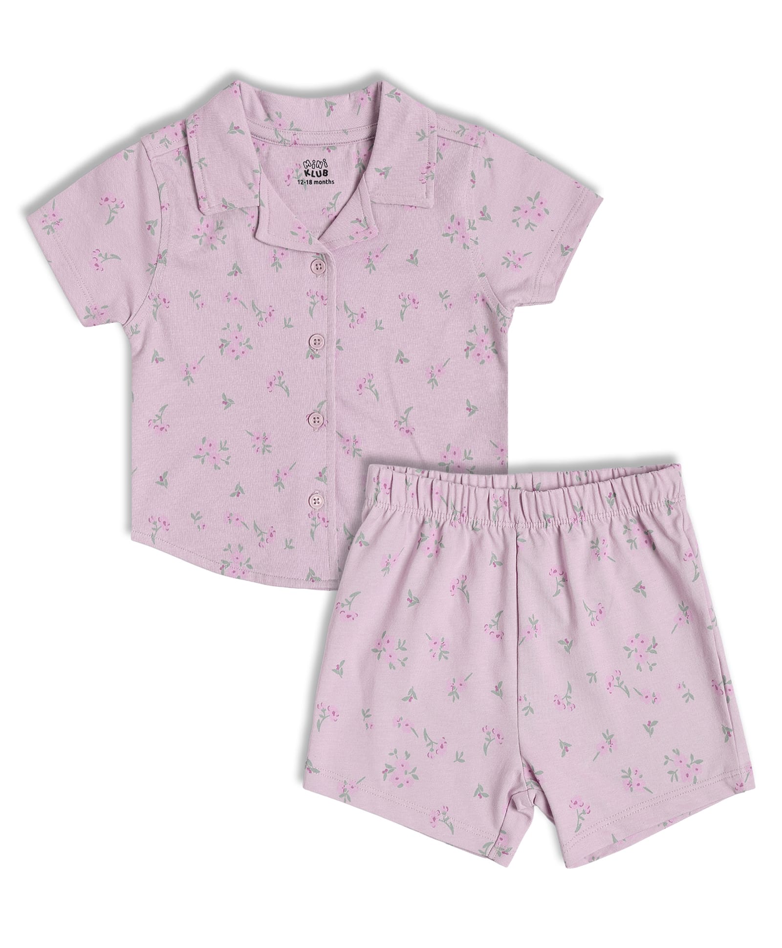 MINI KLUB Cotton Knit Half Sleeves Floral Printed Coordinating Shirt & Shorts Night Suit - Lavender-image-32