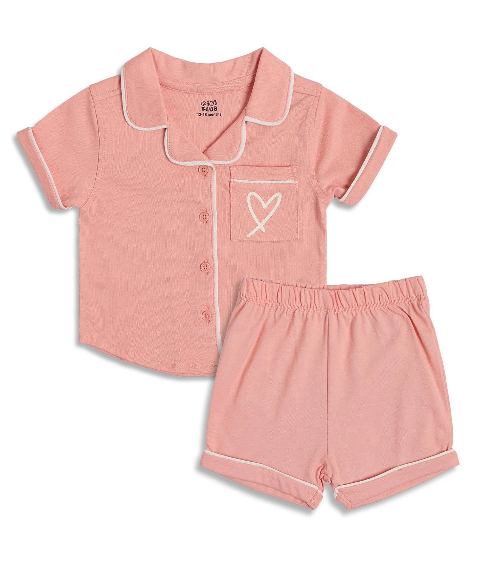 MINI KLUB Cotton Knit Half Sleeves Heart Printed Shirt & Shorts Night Suit - Peach-image-18