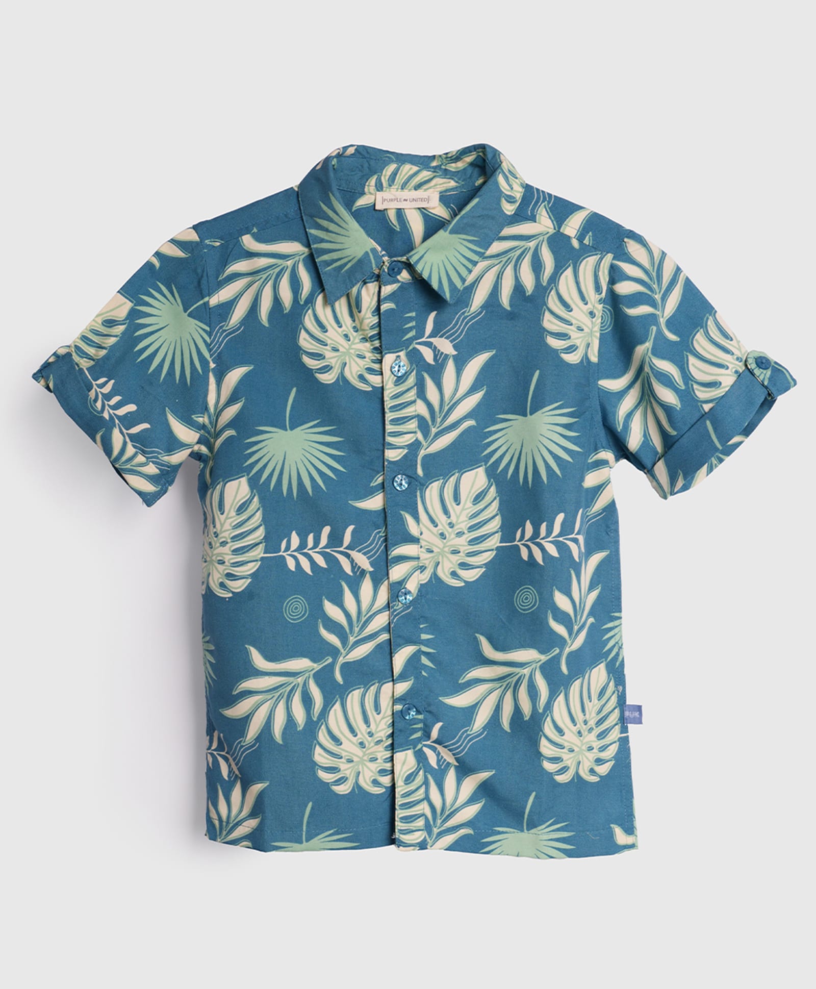 PURPLE UNITED KIDS Cotton Woven Half Sleeves Leaves Printed Shirt - Blue-picture-24