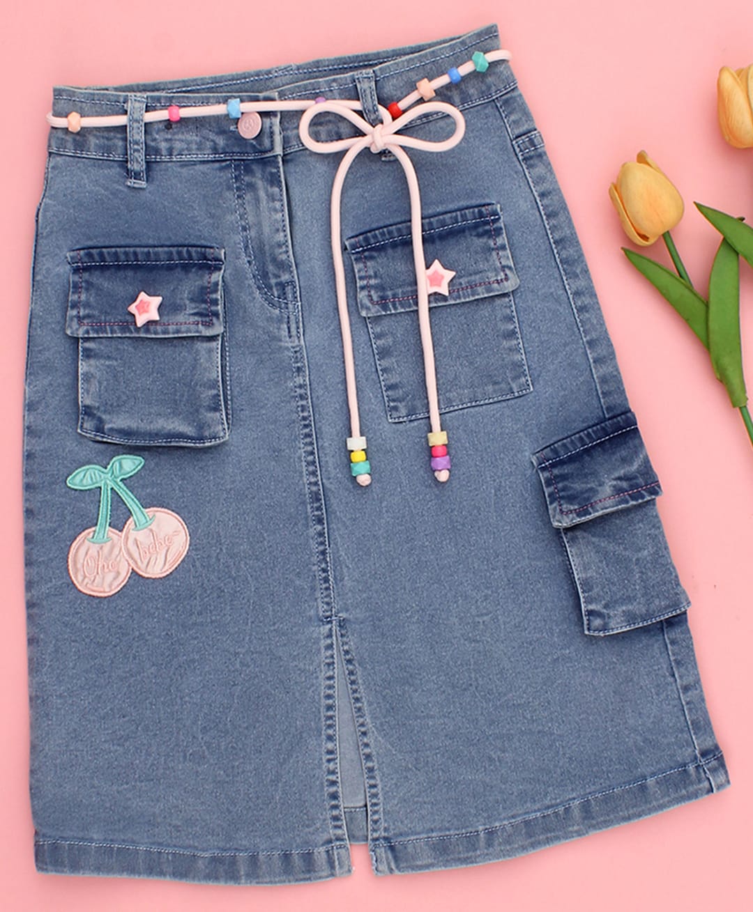 Cutecumber Denim Cherry Embroidered Washed Skirt - Blue-picture-35
