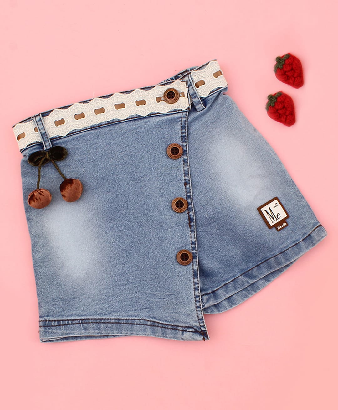 Cutecumber Denim Me Text Patch & Cherry Applique Detailed Washed Skort - Blue-picture-16