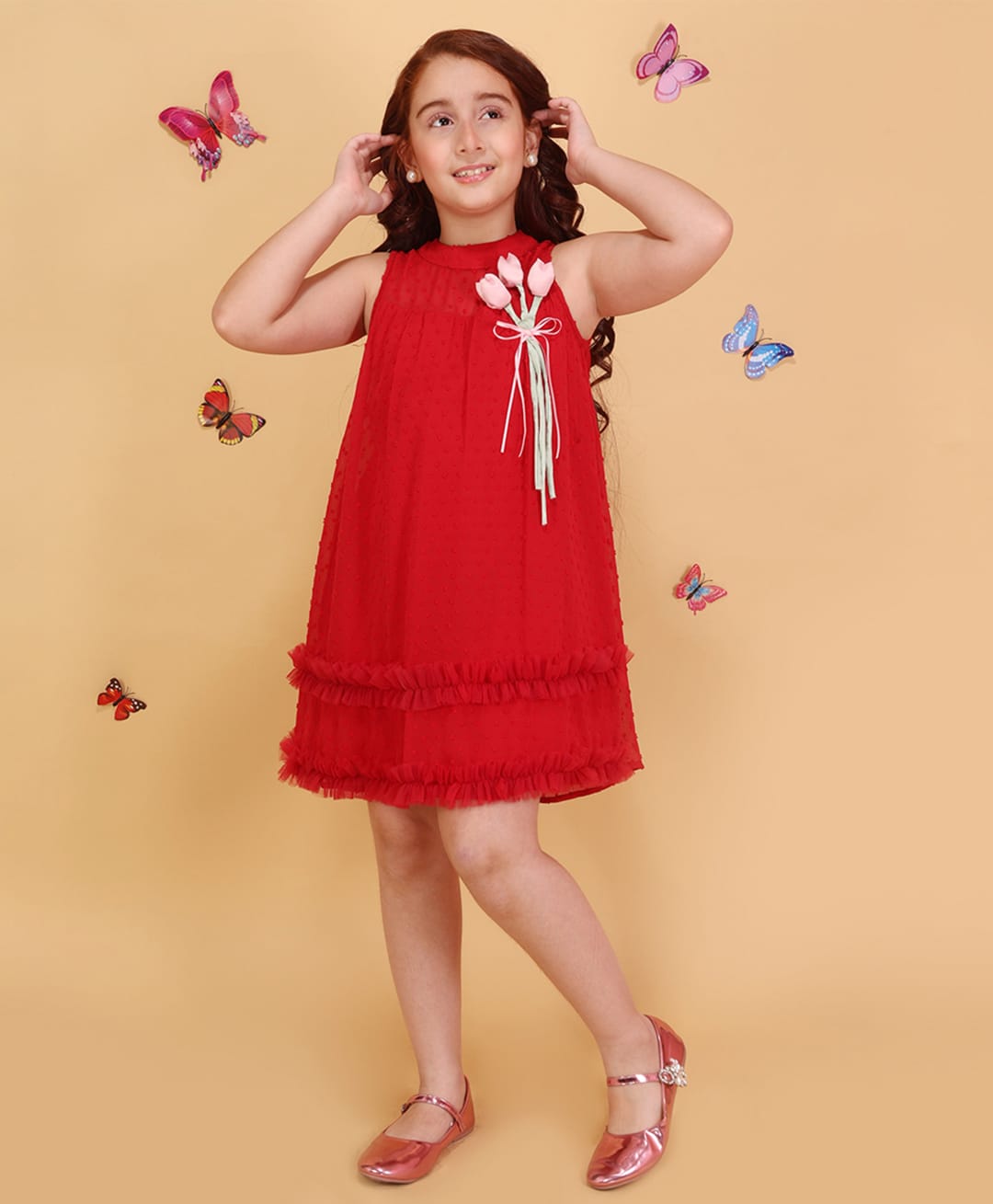 Cutecumber Georgette Woven Sleeveless Floral Applique Dress - Red-picture-11
