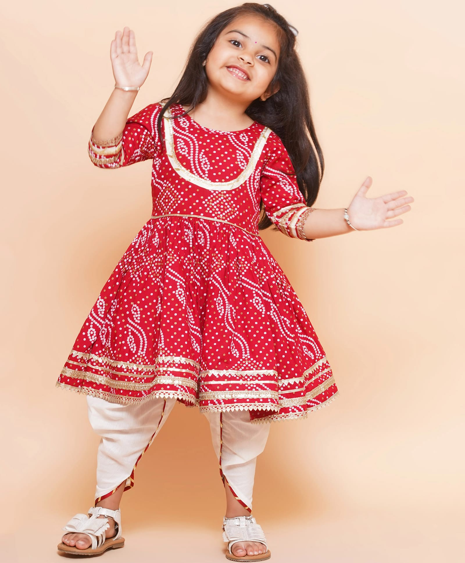Titrit Cotton Woven Full Sleeves Bandhani Printed Kurti & Dhoti Set - Red-picture-42