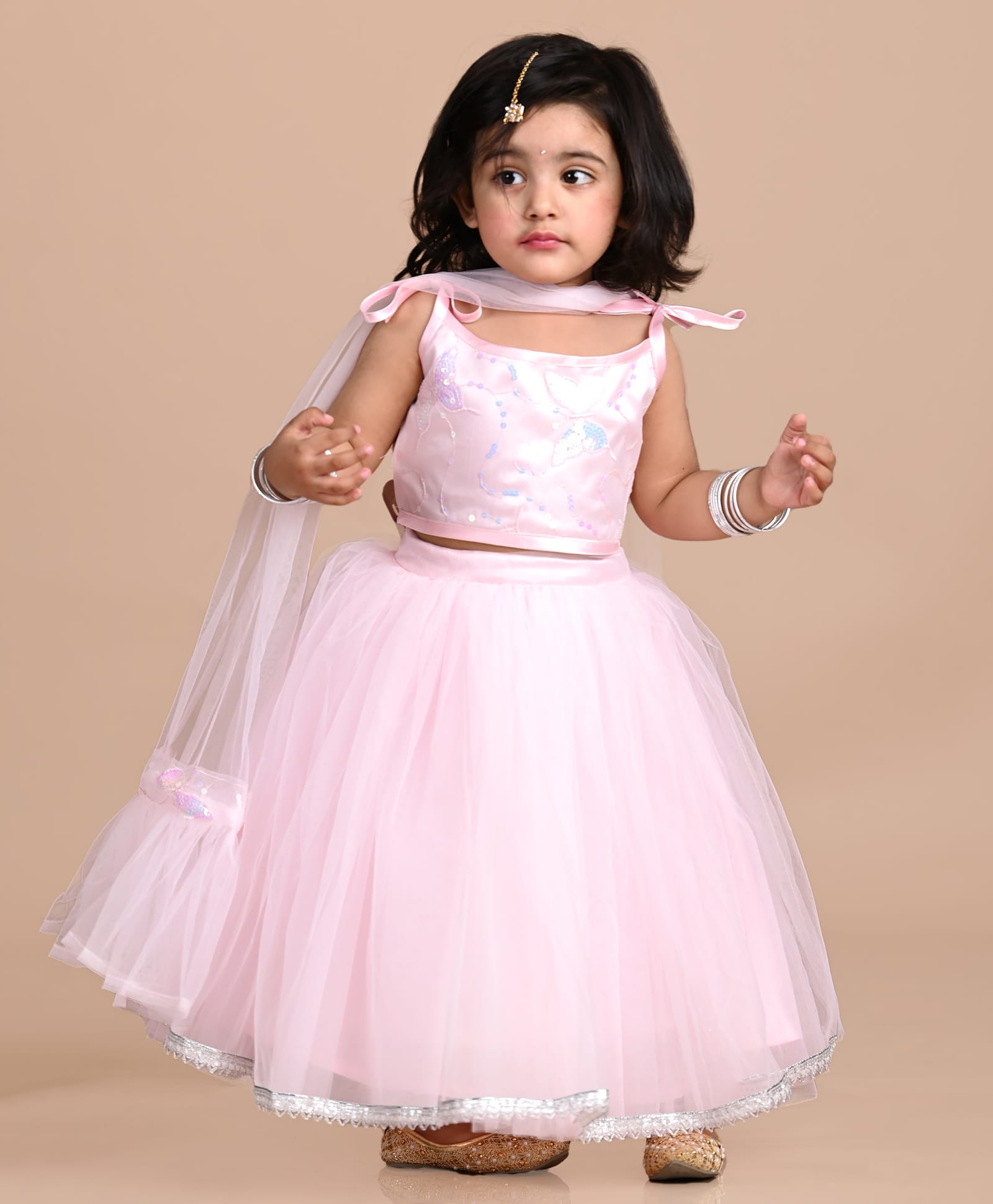 Titrit Net Woven Sleeveless Sequin Embellished Butterfly Embroidered Lehenga Choli With Dupatta Set - Pink-picture-5