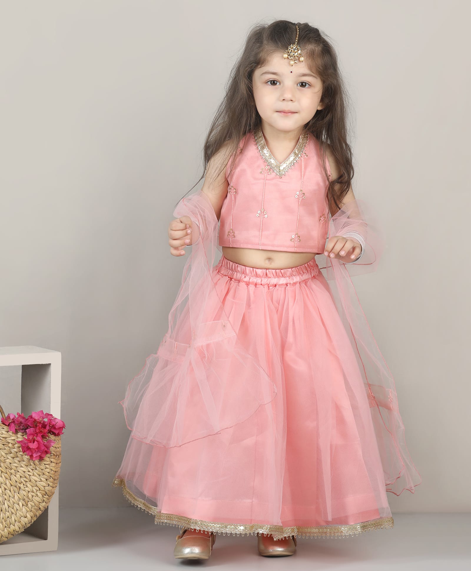 Titrit Net Woven Sleeveless Sequin Embellished Lehenga Choli With Dupatta Set - Peach-picture-26