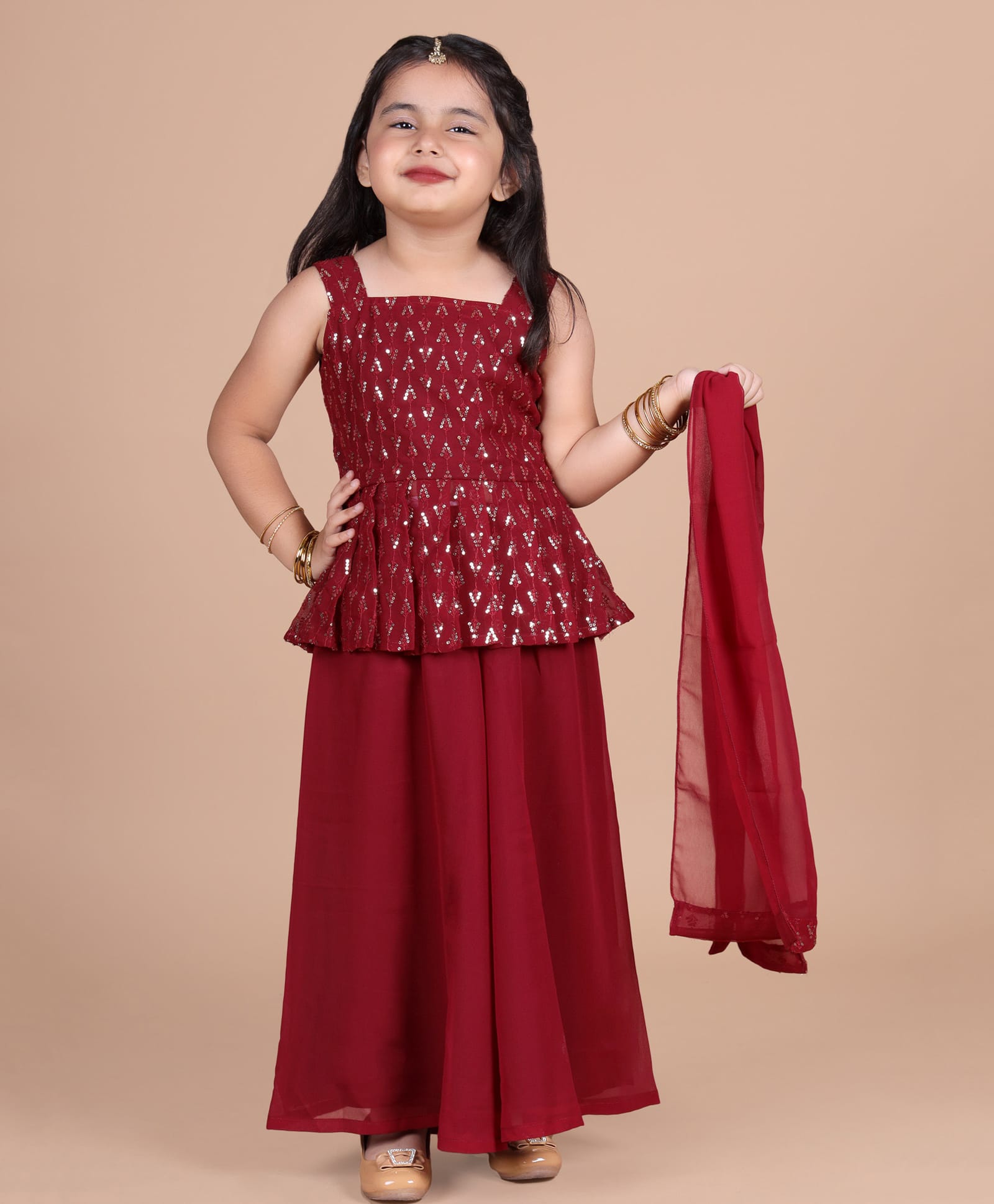 Titrit Georgette Woven Sleeveless Sequin Embellished Kurta & Palazzo With Dupatta Set - Maroon-picture-28