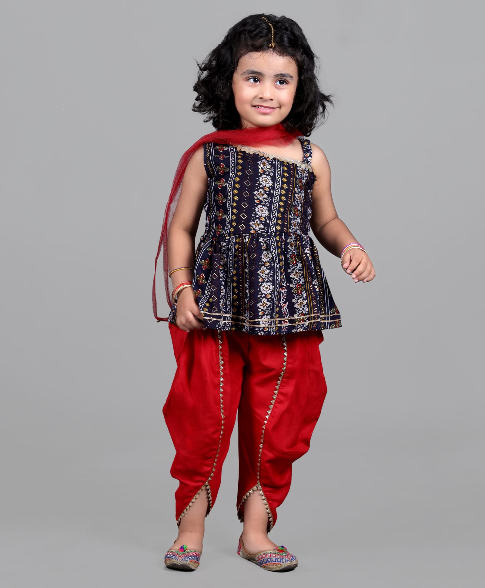 Titrit Cotton Woven Sleeveless Abstract Printed Peplum Top & Dhoti With Dupatta Set - Red-picture-40