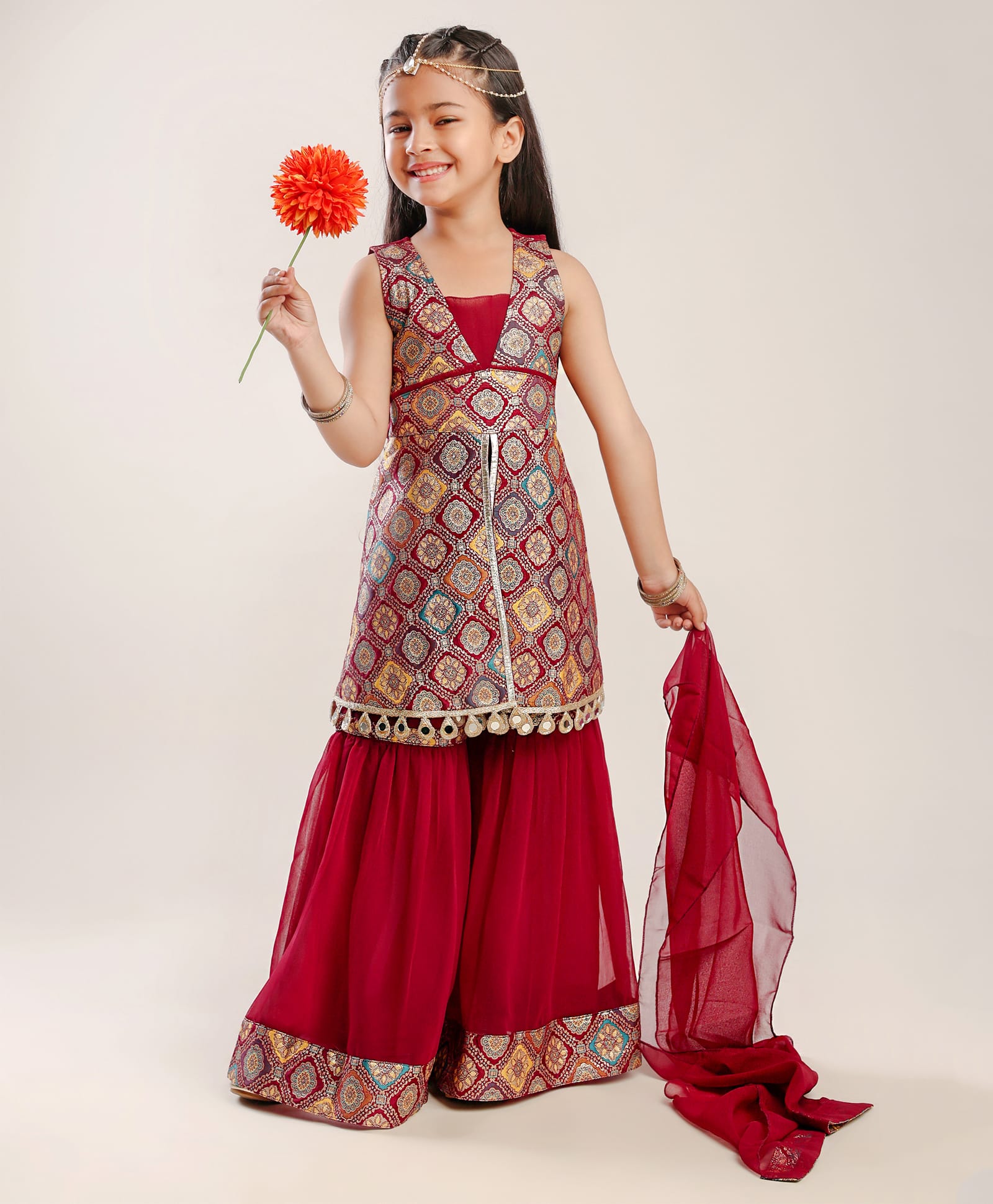Titrit Brocade Woven Sleeveless Foil Printed & Gota Lace Embellished Kurti & Sharara With Dupatta Set - Maroon-picture-11