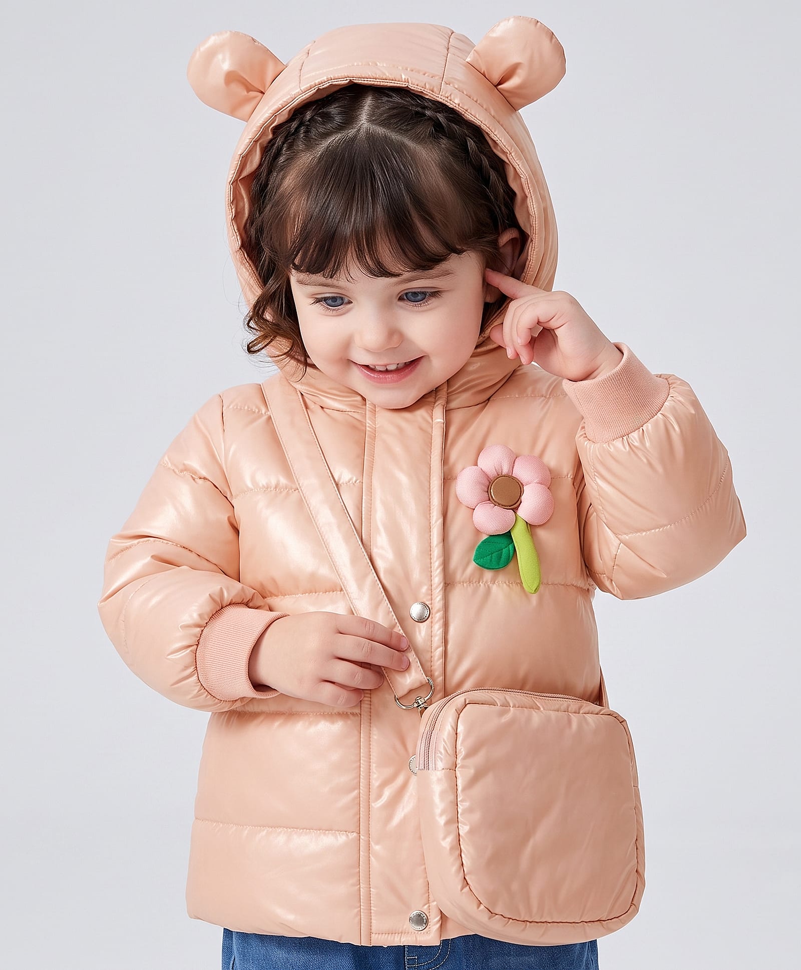 Babyoye Woven Padded Jacket and Bag with Full Sleeves and Floral Applique - Rose Gold-image-35