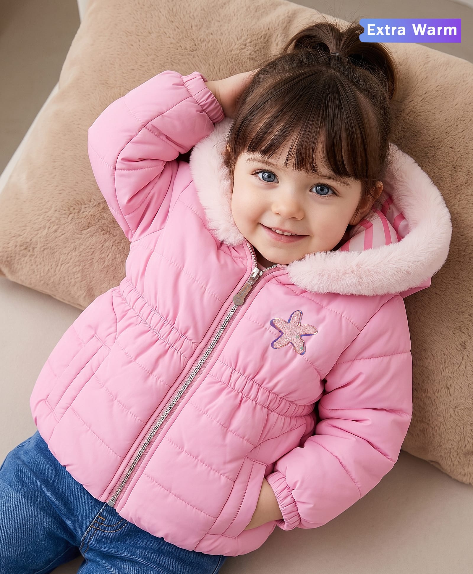 Babyoye Woven Full Sleeves Solid Colour Hooded Padded Jacket with Taffeta Inner Lining & Star Applique- Pink-picture-26