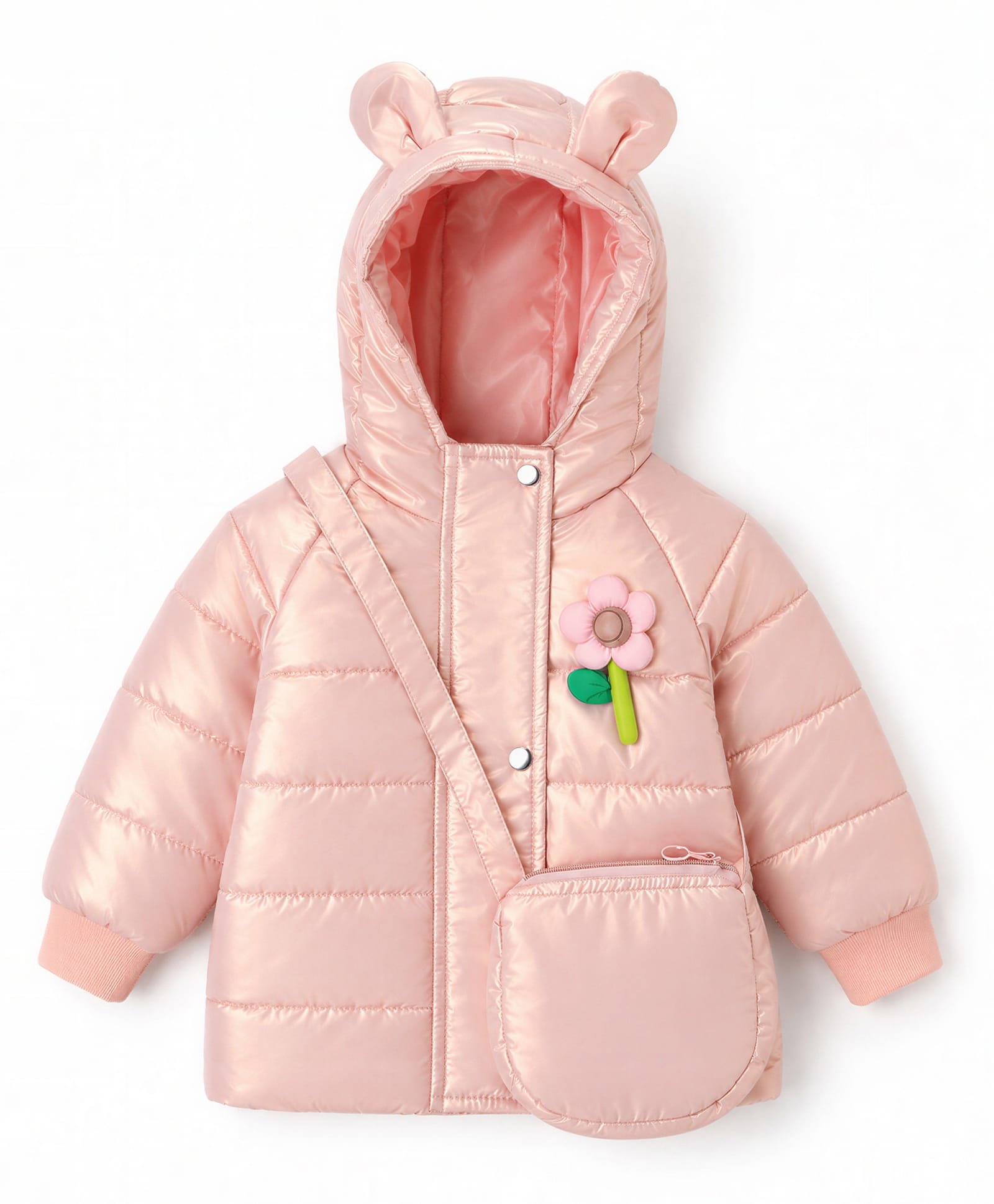 Babyoye Woven Jacket and Sling Bag with Full Sleeves and Floral & Ear 3D Applique - Peach-image-4