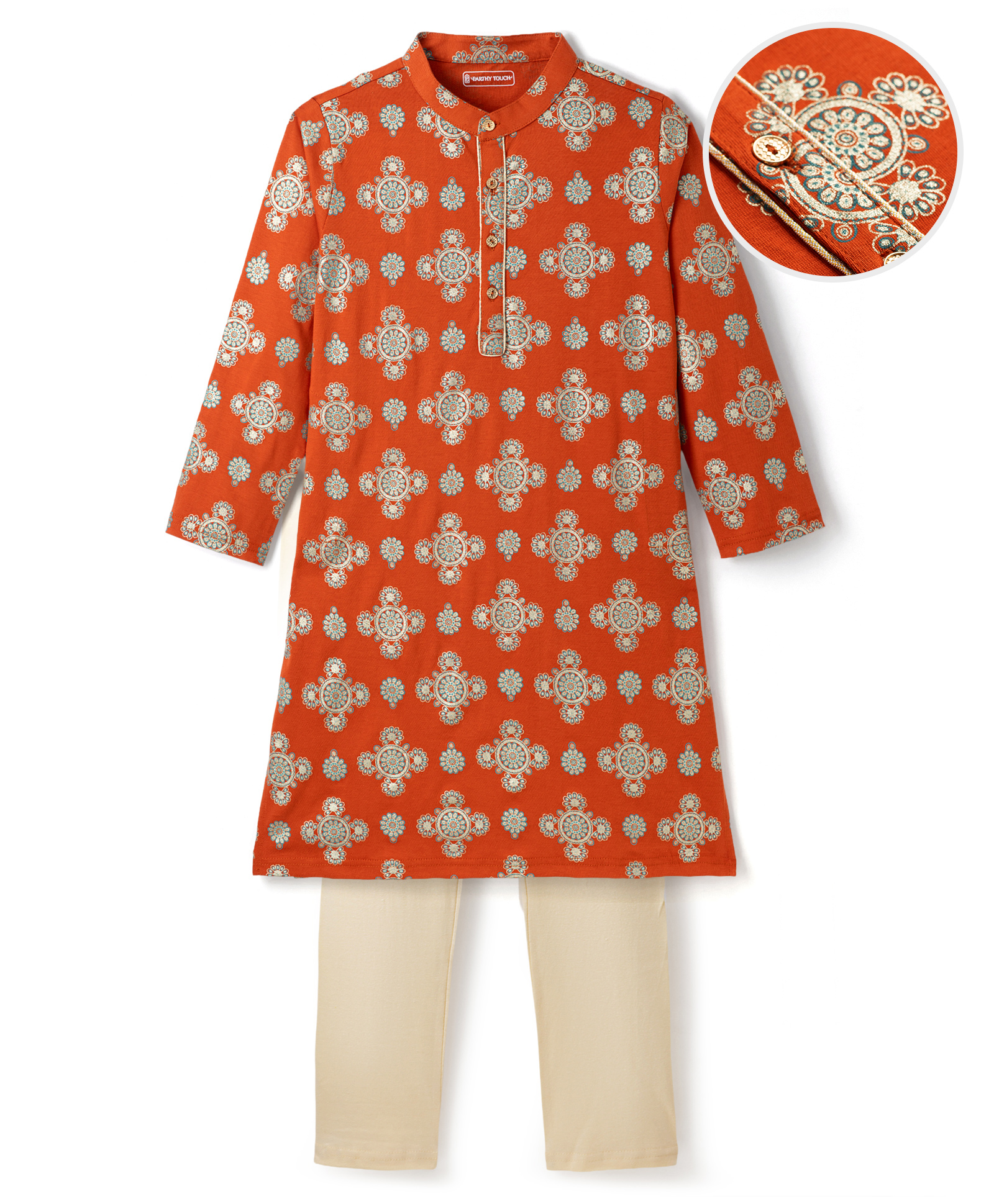 EARTHY TOUCH Cotton Knit Full Sleeves Floral Foil Printed Kurta Pajama Set - Rust Orange-image-25