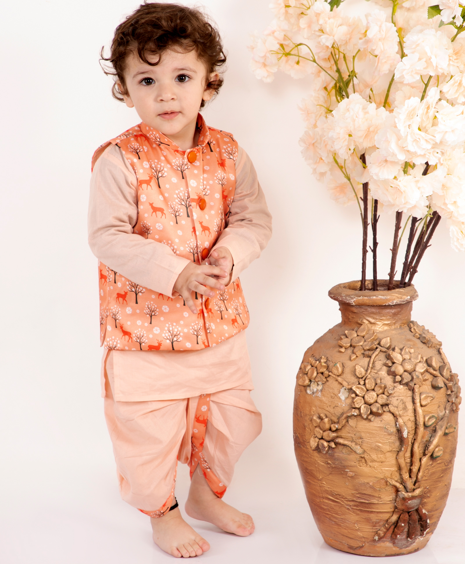 Little Bansi Cotton Knit Full Sleeves Deer Print Kurta & Dhoti with Nehru Jacket - Peach-image-11