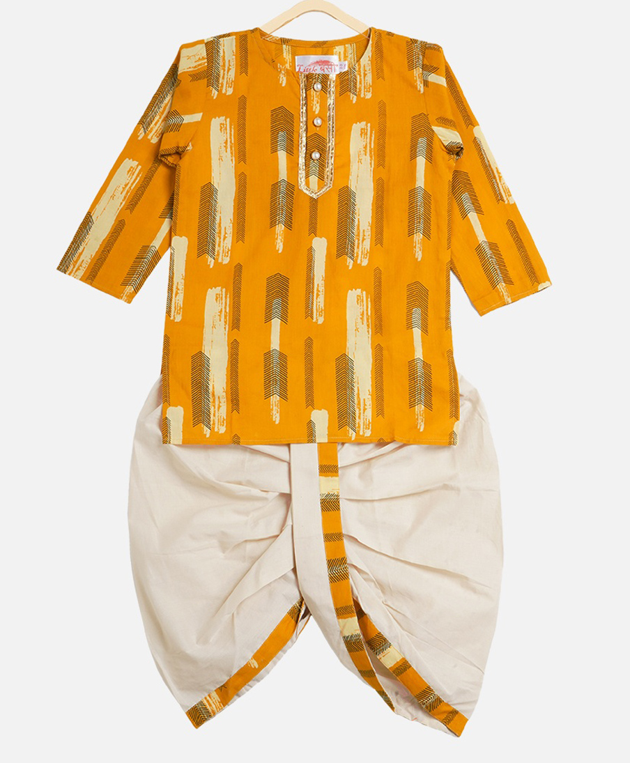 Little Bansi Cotton Knit Full Sleeves Feather Print Kurta & Dhoti Set- Yellow & Cream-picture-19