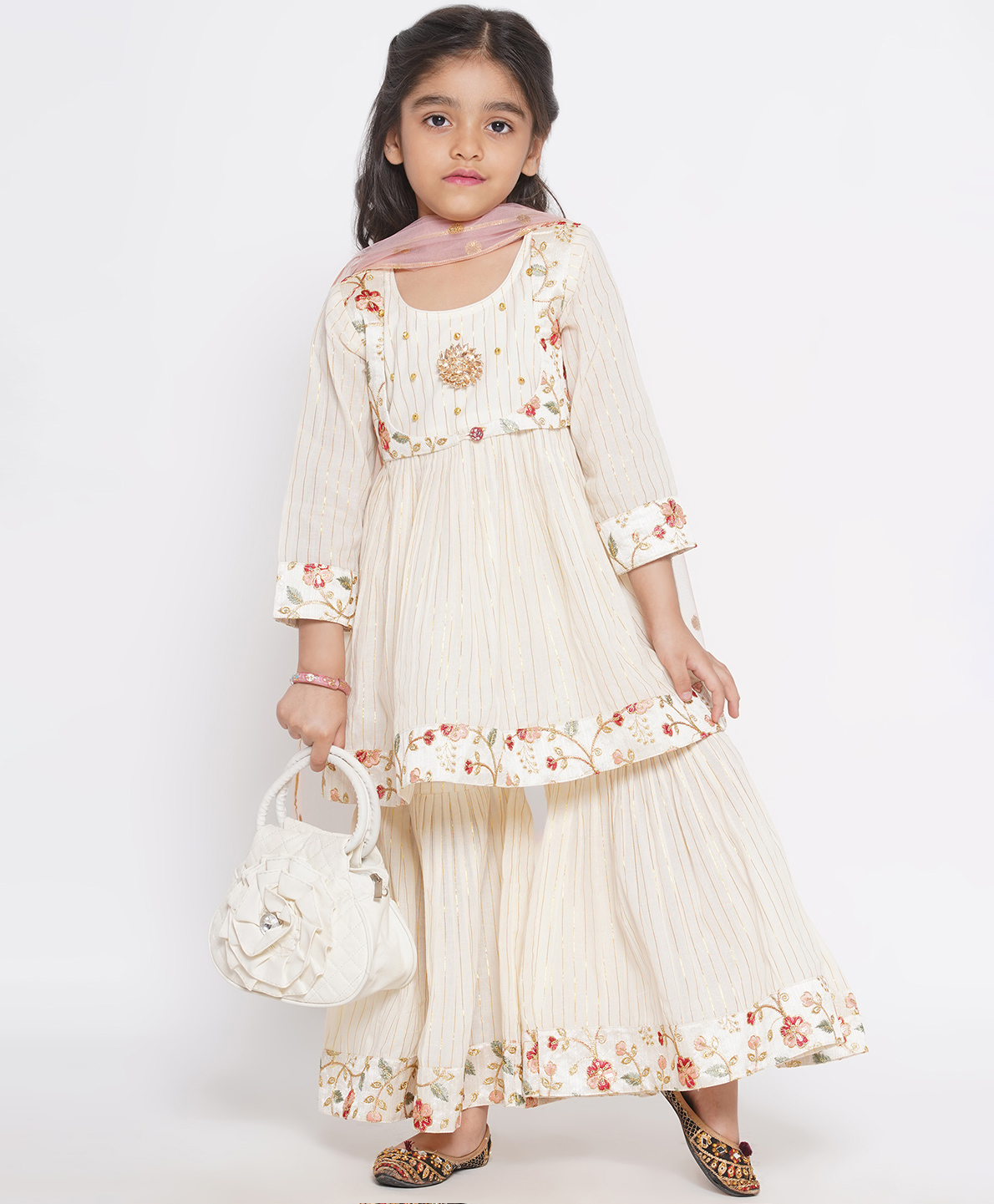 Little Bansi Cotton Woven Full Sleeves Golden Striped Kurta Sharara Dupatta & Floral Embroidery Jacket with Ghungroo Handwork - Cream-picture-3