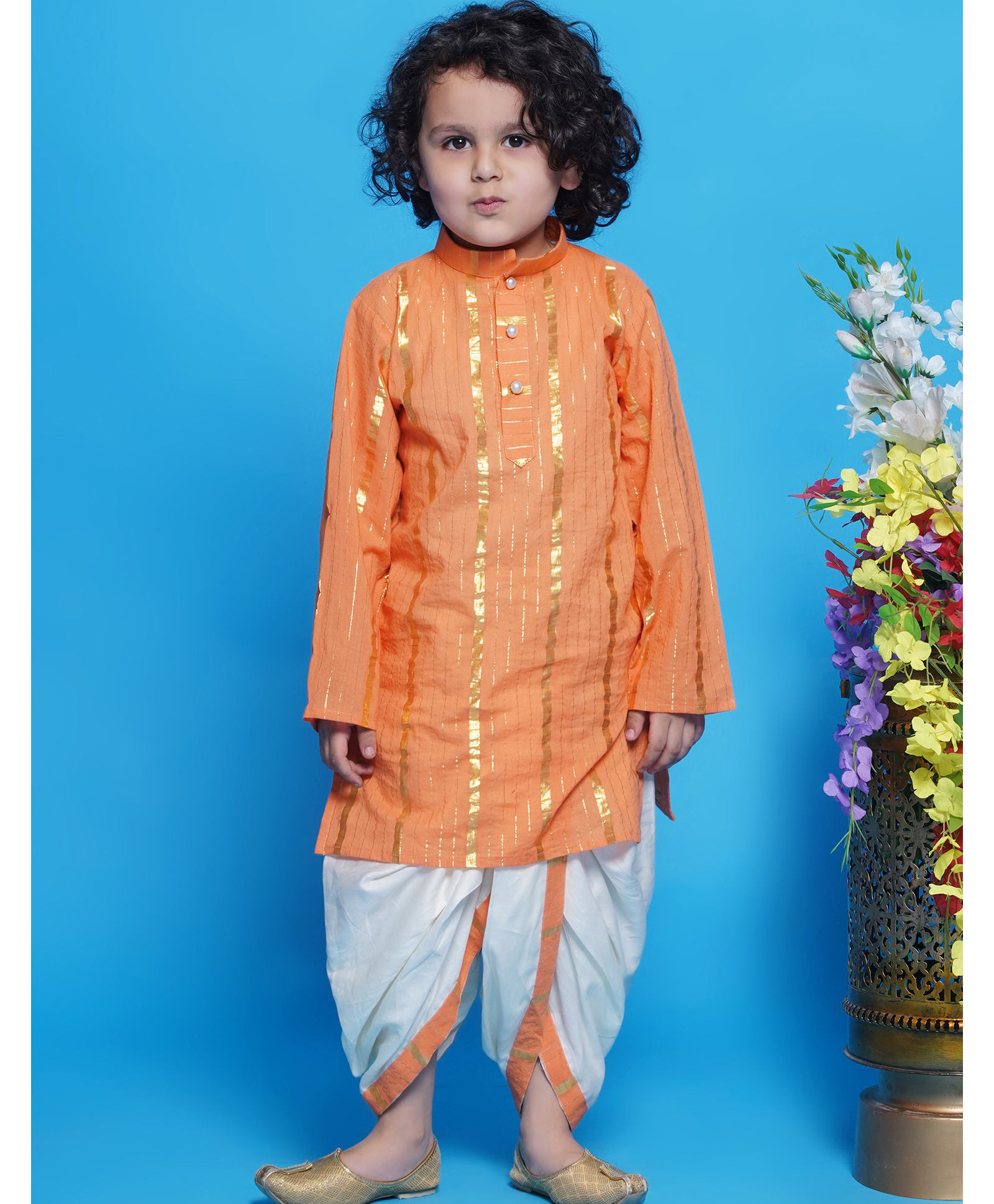 Little Bansi Cotton Woven Full Sleeves Kurta and Dhoti with Golden Stripes and Pearl Buttons - Orange-image-39