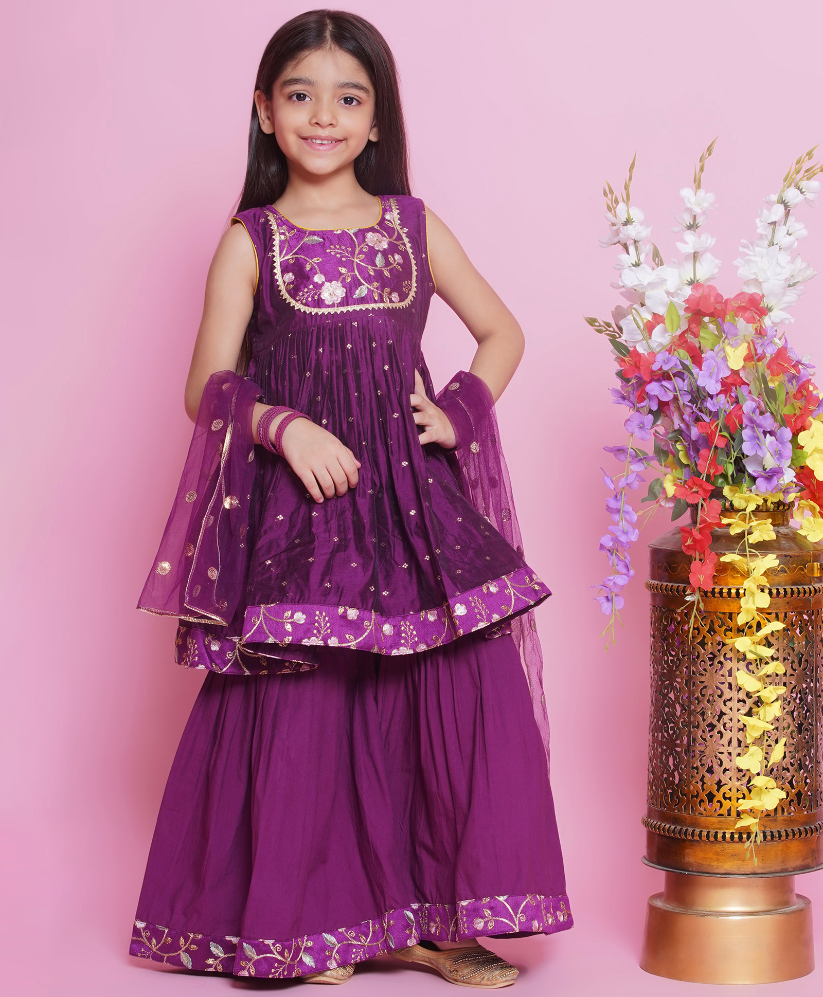 Little Bansi Chanderi Silk Sleeveless Floral Embroidery Kurta with Sharara and Dupatta-Purple-image-4