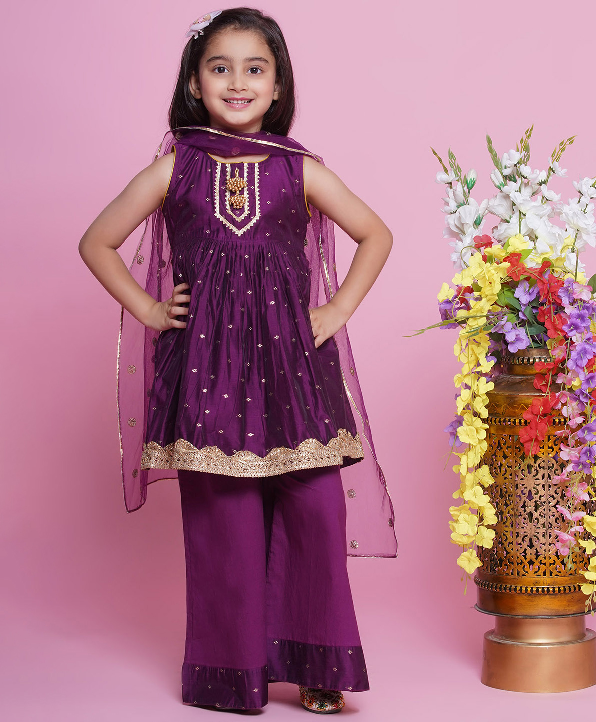Little Bansi Chanderi Cotton Sleeveless Kurta Plazzo & Dupatta with Boota, Lace & Tussle work -Purple-image-7