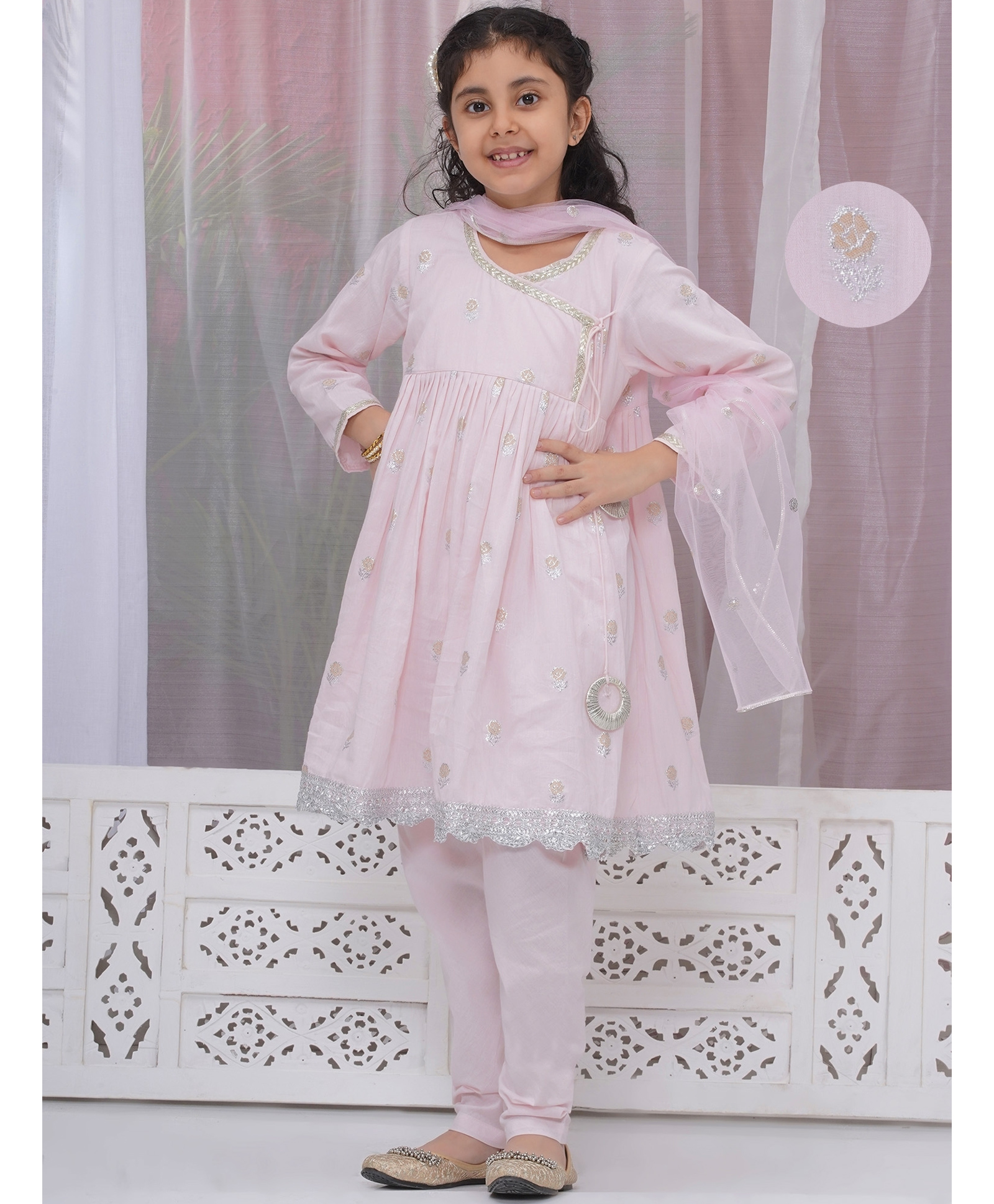 Little Bansi Cotton Woven Three Fourth Sleeves Angrakha Kurta Pajama & Net Dupatta with Floral Weaving & Tussel work - Pink-picture-20