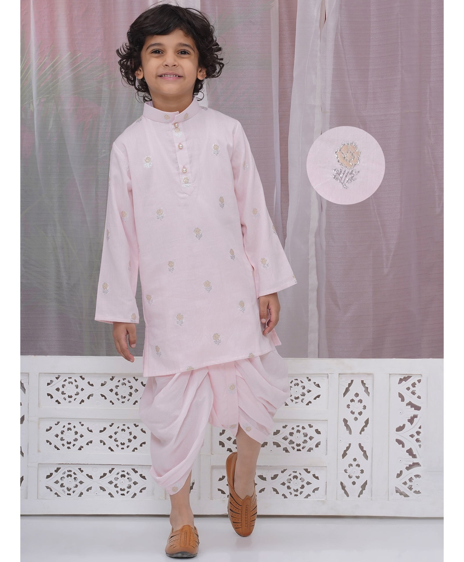 Little Bansi Cotton Woven Full Sleeves Kurta and Dhoti Set with Floral Weaving - Pink-picture-37
