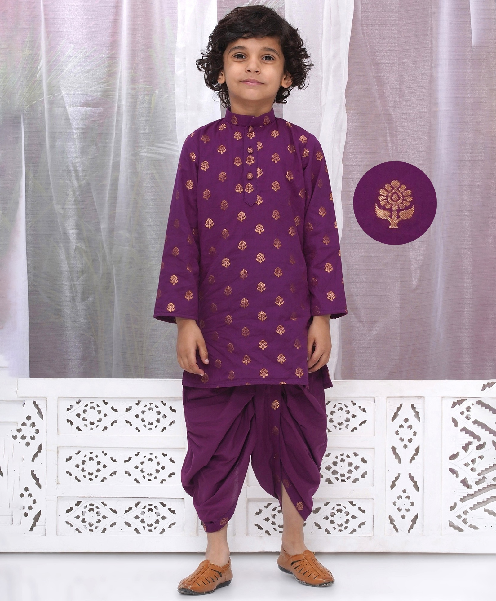 Little Bansi Cotton Woven Full Sleeves Kurta and Dhoti with Golden Floral Weave- Purple-picture-13