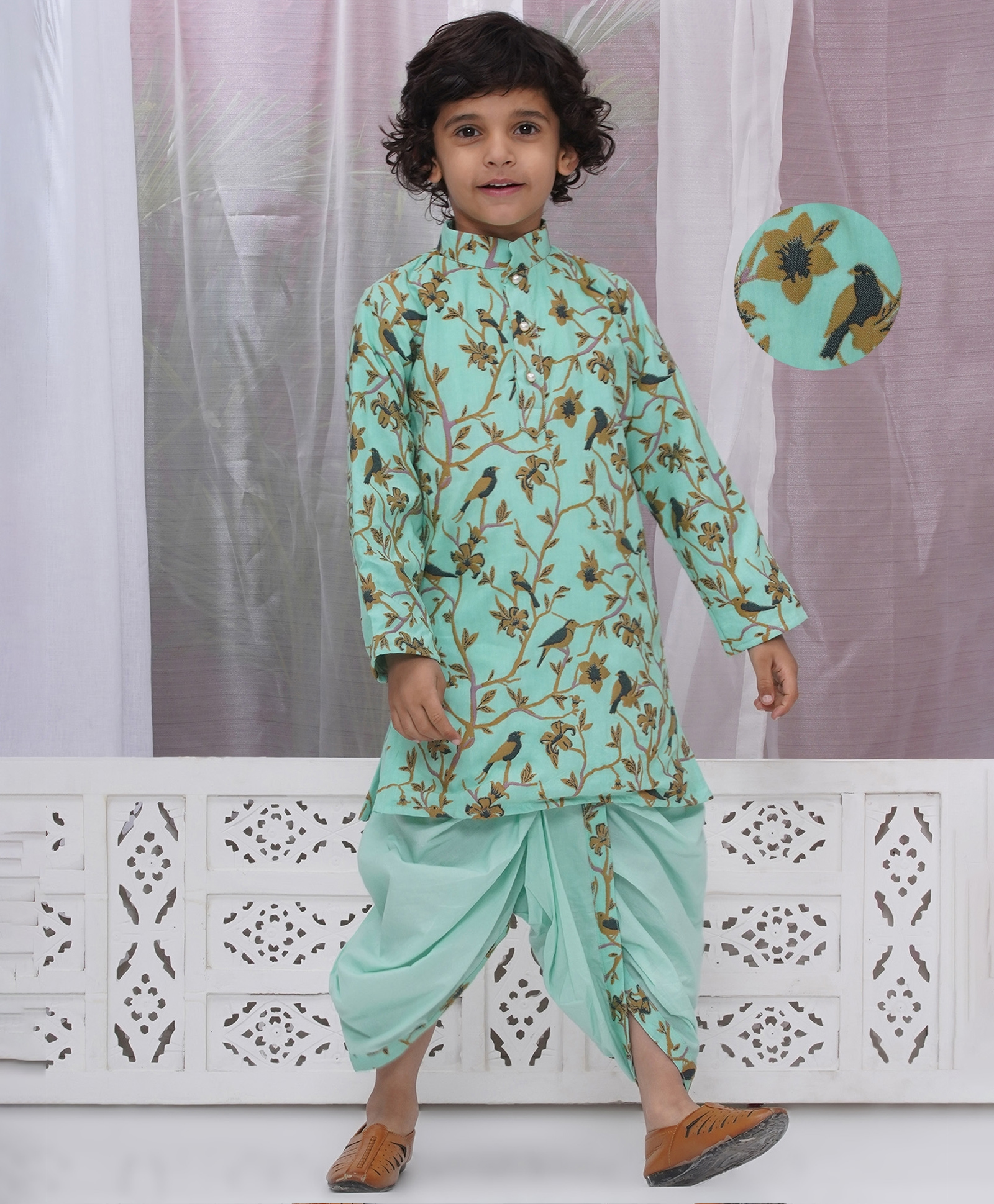 Little Bansi Cotton Woven Full Sleeves Kurta & Dhoti Set with Floral Bird Print - Sea Green-image-30