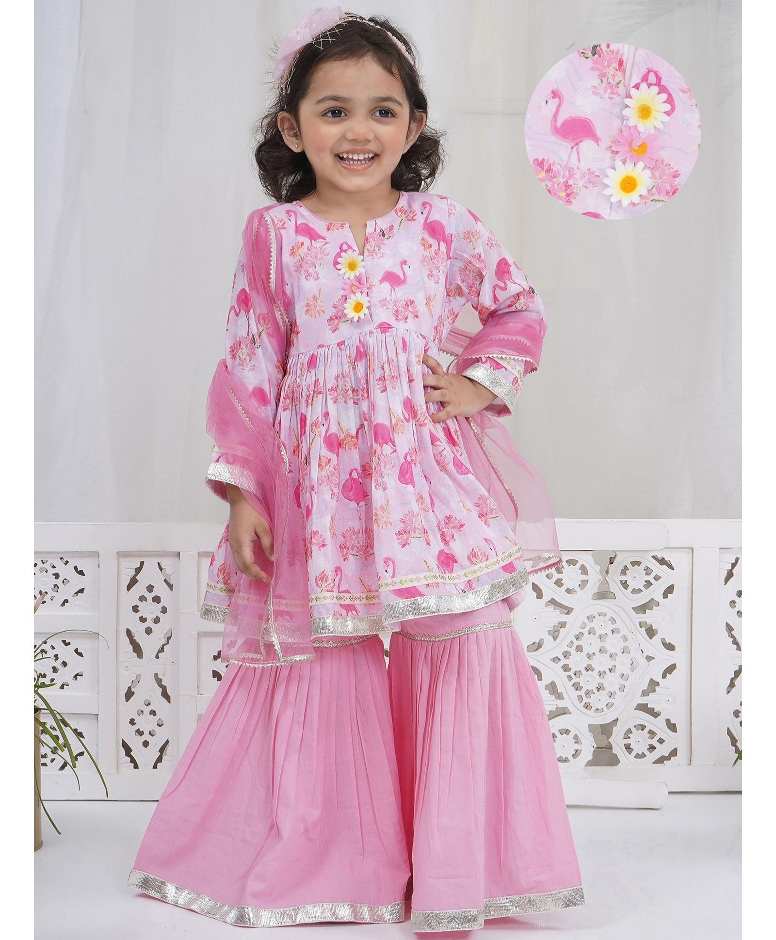 Little Bansi Muslin Woven Full Sleeves Flamingo Printed Kurta With Lace Worked Gharara set With Dupatta & Floral Applique - Pink-picture-30