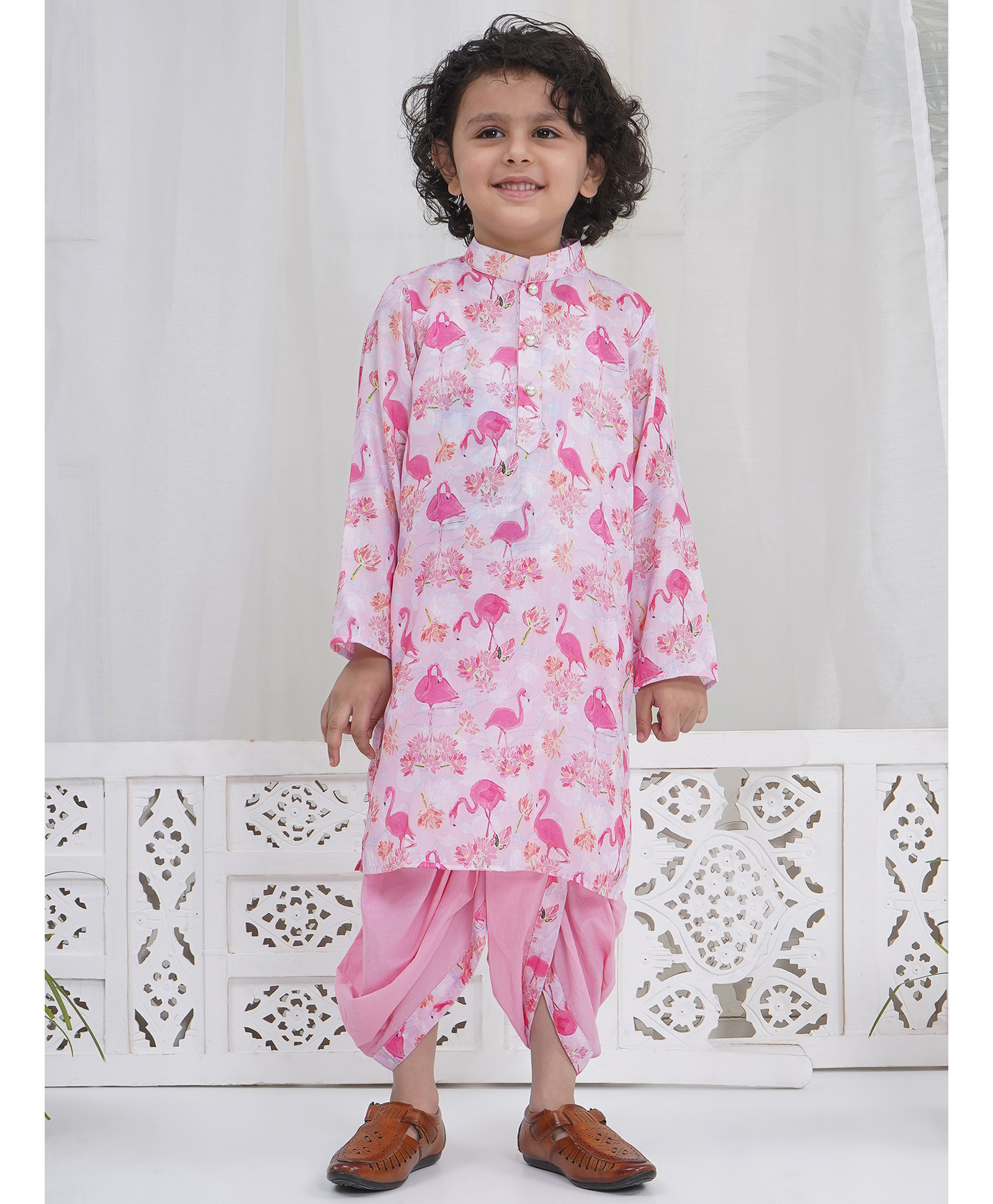 Little Bansi 100% Cotton Muslin Woven Full Sleeves Flamingo Printd Kurta with Dhoti - Pink-picture-28