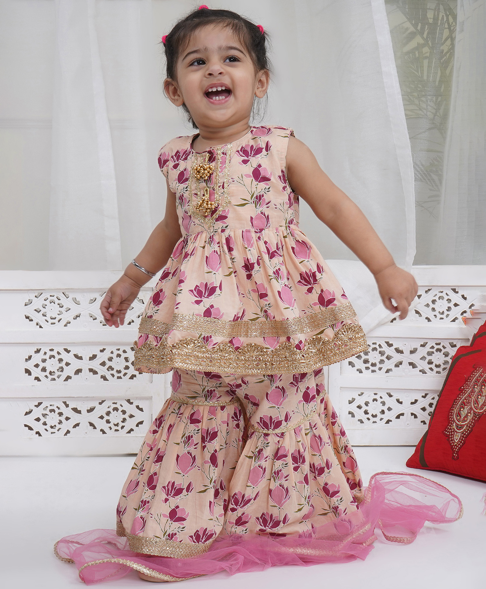 Little Bansi 100% Cotton Woven Sleeveless Lotus Printed & Lace Detailed Kurti Sharara & Dupatta with Tussel Work - Peach-picture-13