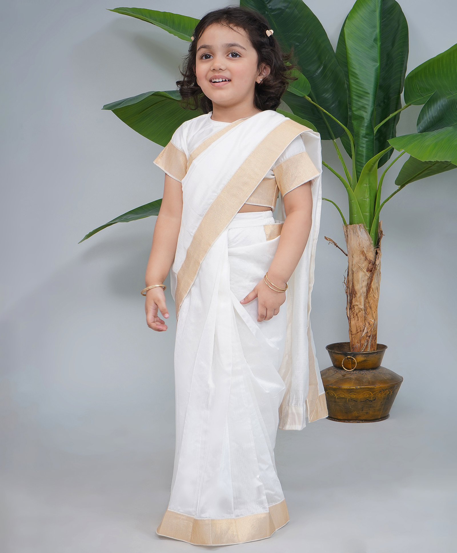 Little Bansi Chanderi Silk Woven Half Sleeves South Indian Blouse with Golden Zari Onam Saree - Cream-picture-18