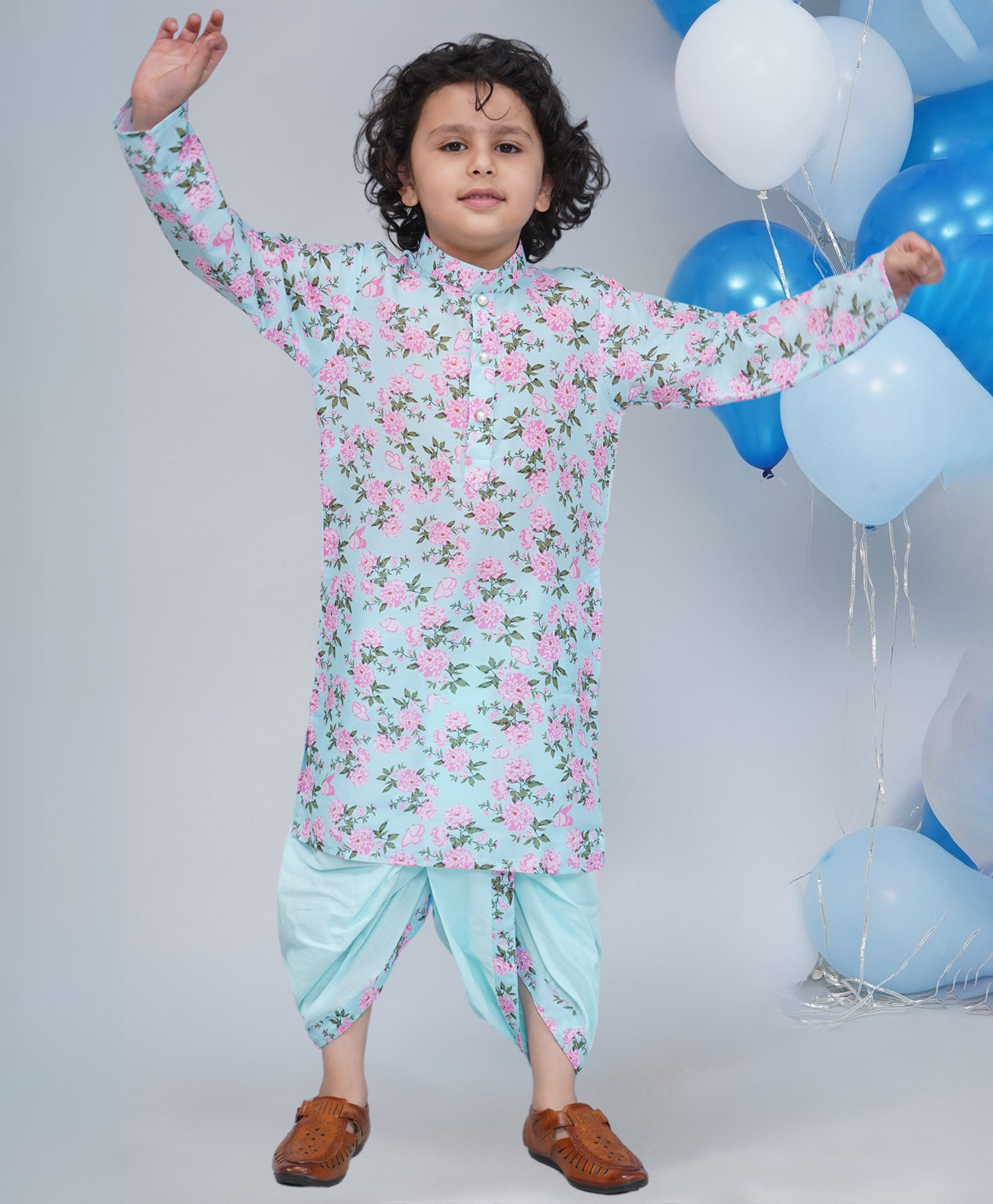Little Bansi Muslin Woven Full Sleeves Floral Butterfly Printed Kurta and Dhoti Set - Sky Blue-picture-11