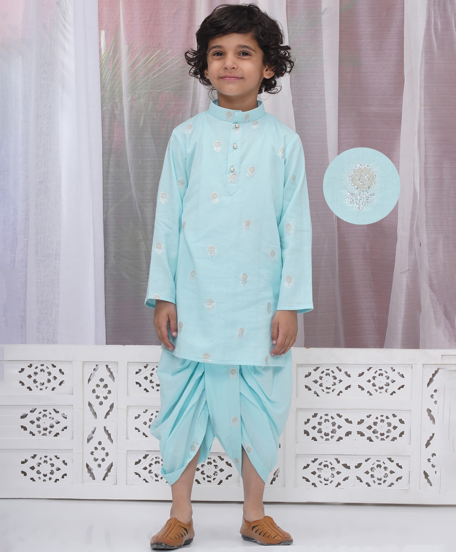 Little Bansi Cotton Woven Full Sleeves Kurta and Dhoti with Rose Design Zari Work - Sky-picture-4