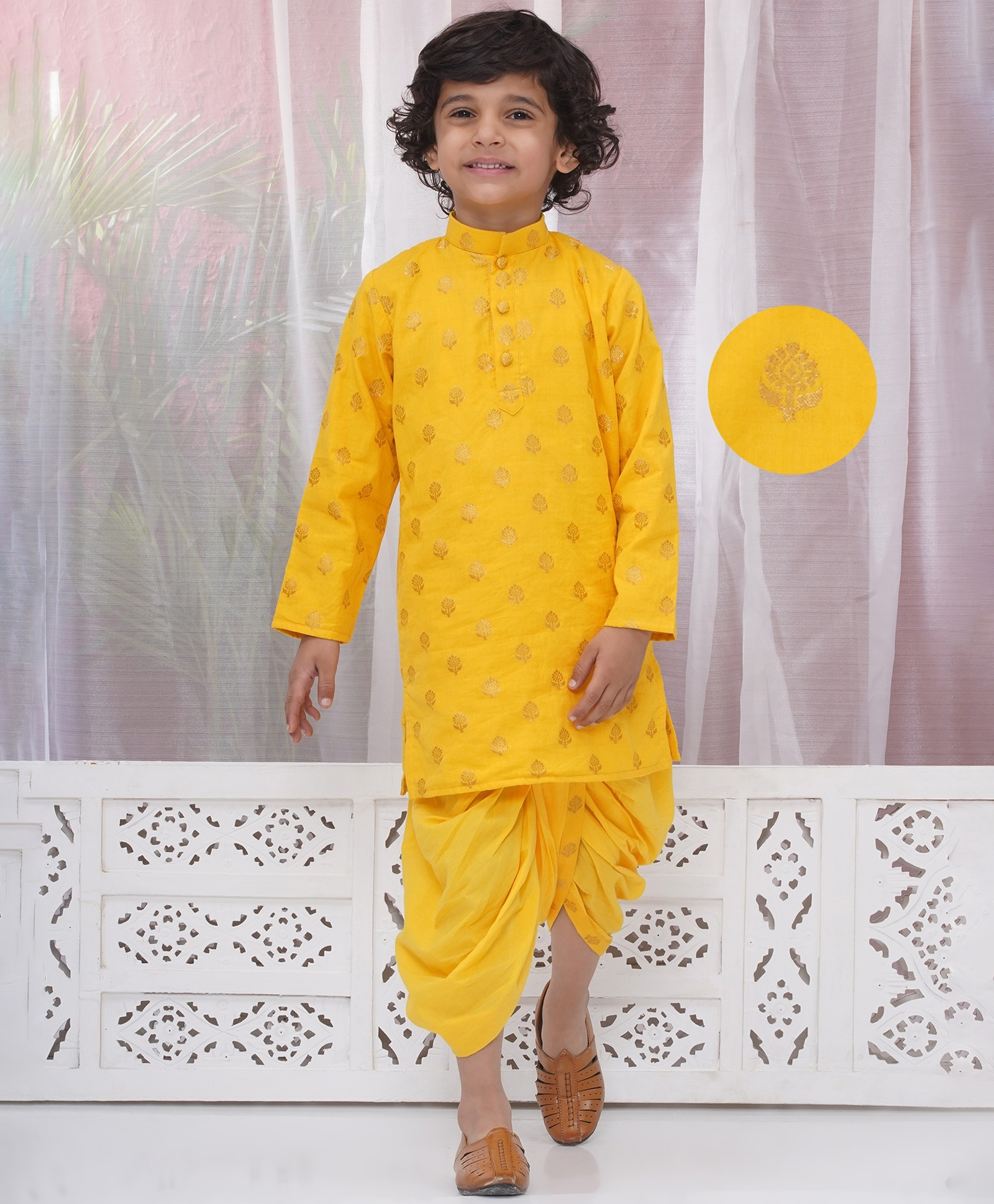 Little Bansi Cotton Woven Full Sleeves Kurta & Dhoti with Golden Floral Zari Work- Yellow-picture-18