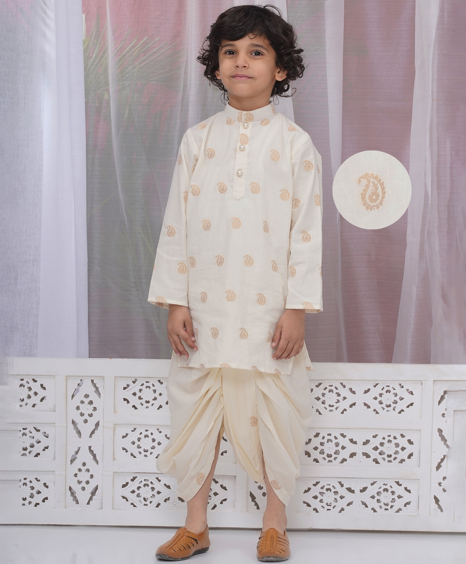 Little Bansi Cotton Woven Full Sleeves Kurta & Dhoti Set with Golden Paisley Zari Work- Cream-image-30