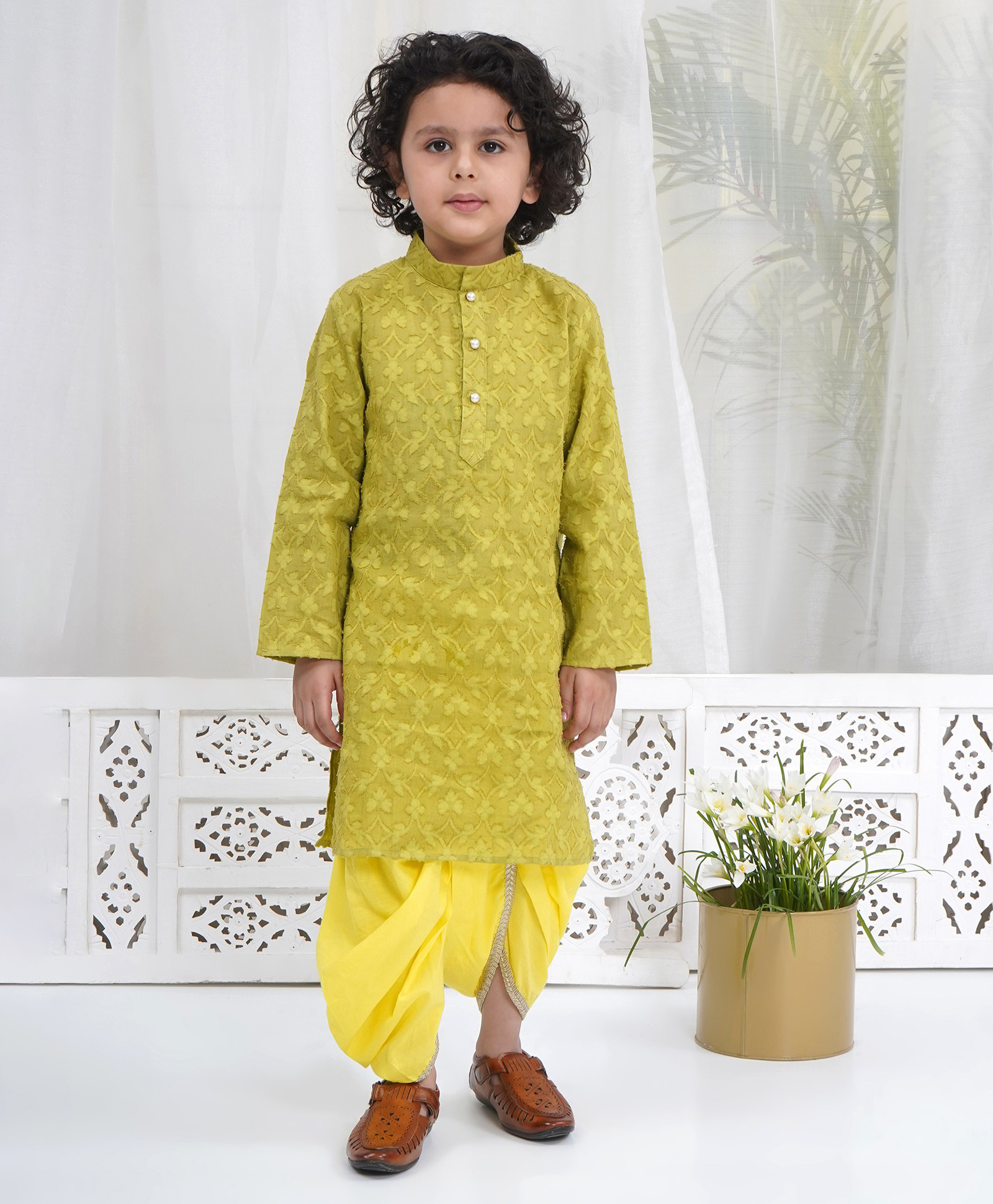 Little Bansi Cotton Woven Full Sleeves Self Floral Weaving Kurta with Dhoti & Pearl Buttons - Limegreen-picture-32