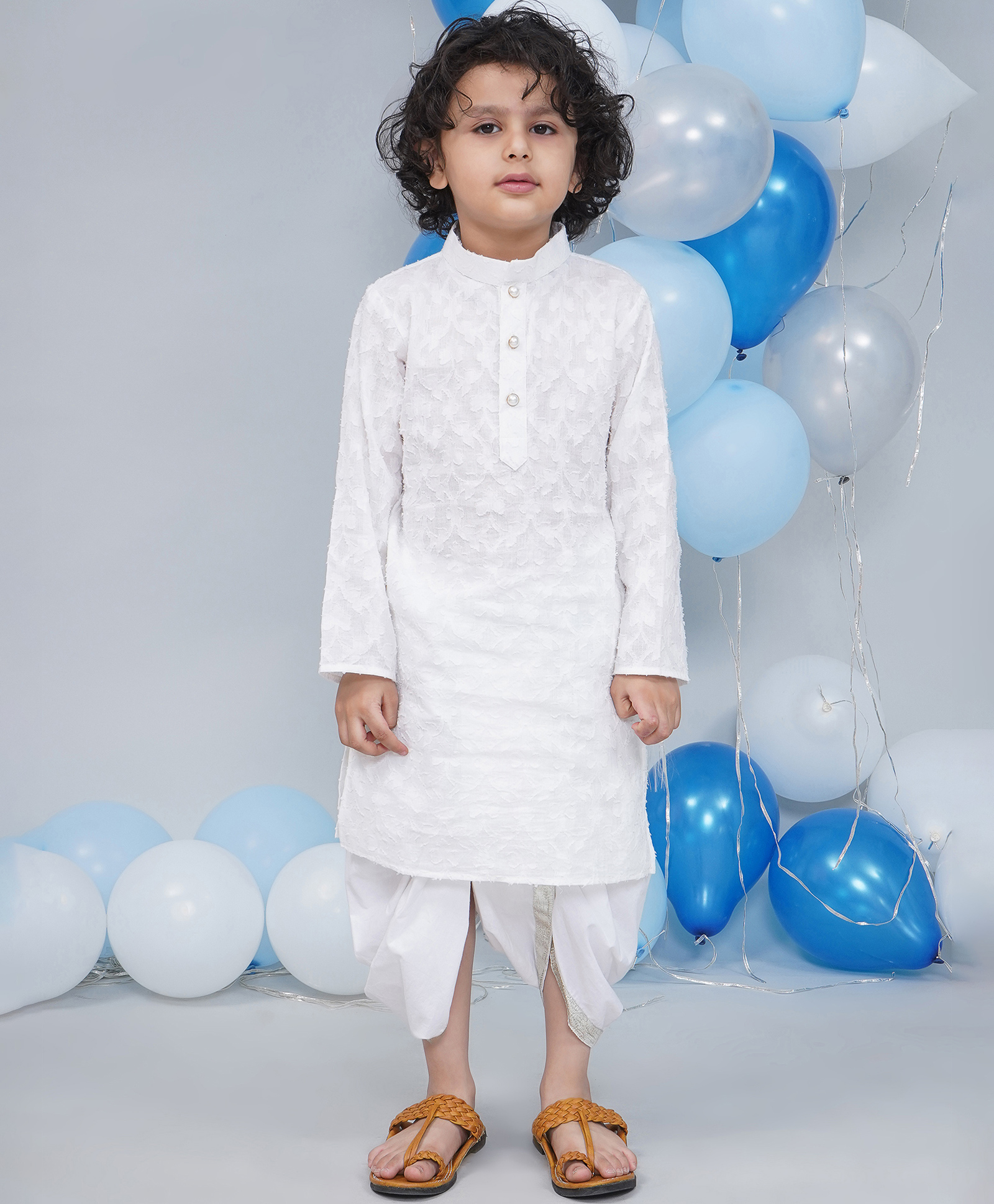 Little Bansi Cotton Woven Full Sleeves Self Floral Weaving Kurta with Dhoti and Pearl Buttons - White-picture-11
